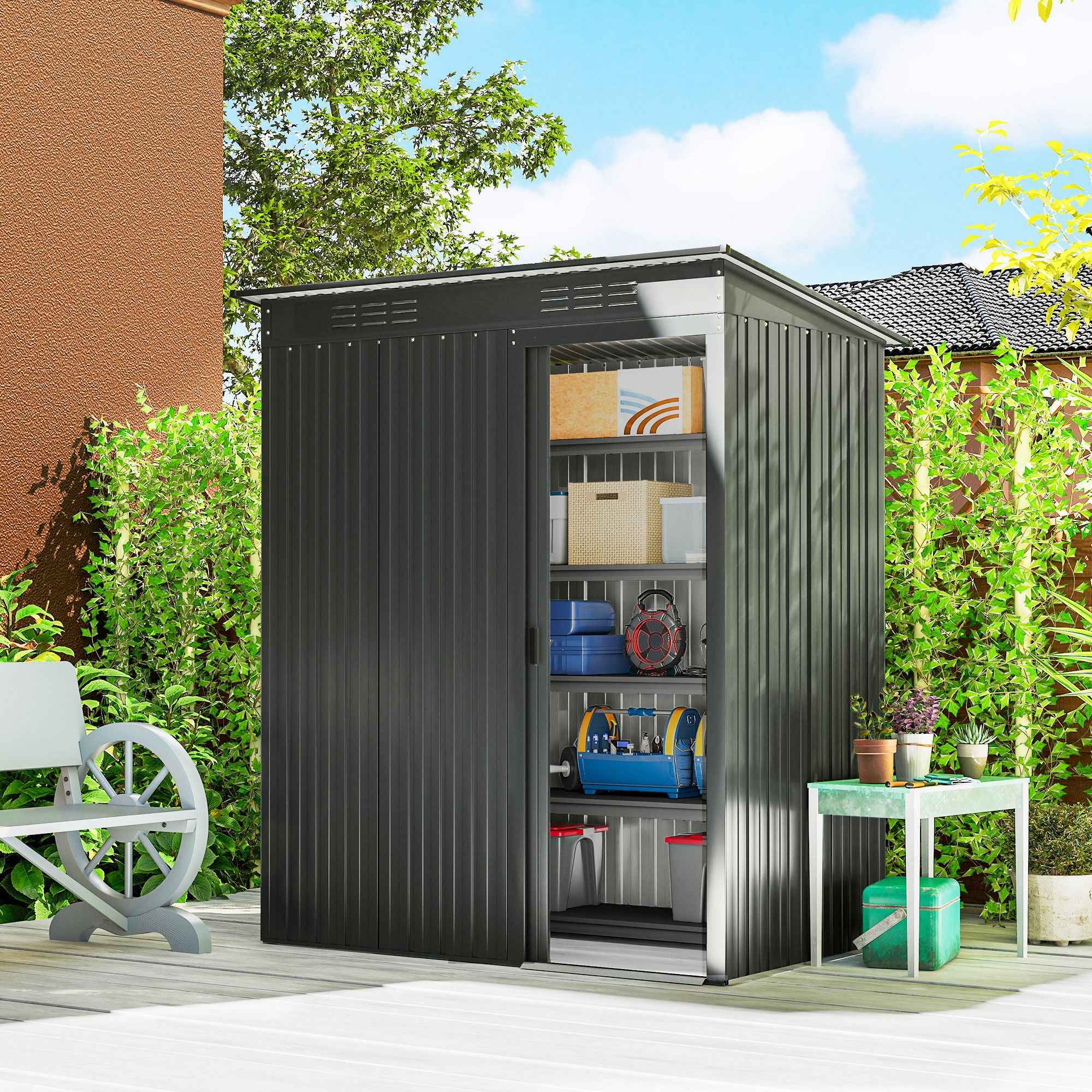 Outsunny Metal Garden Shed with Vents and Sliding Door, 159x106x181 cm, Dark Grey