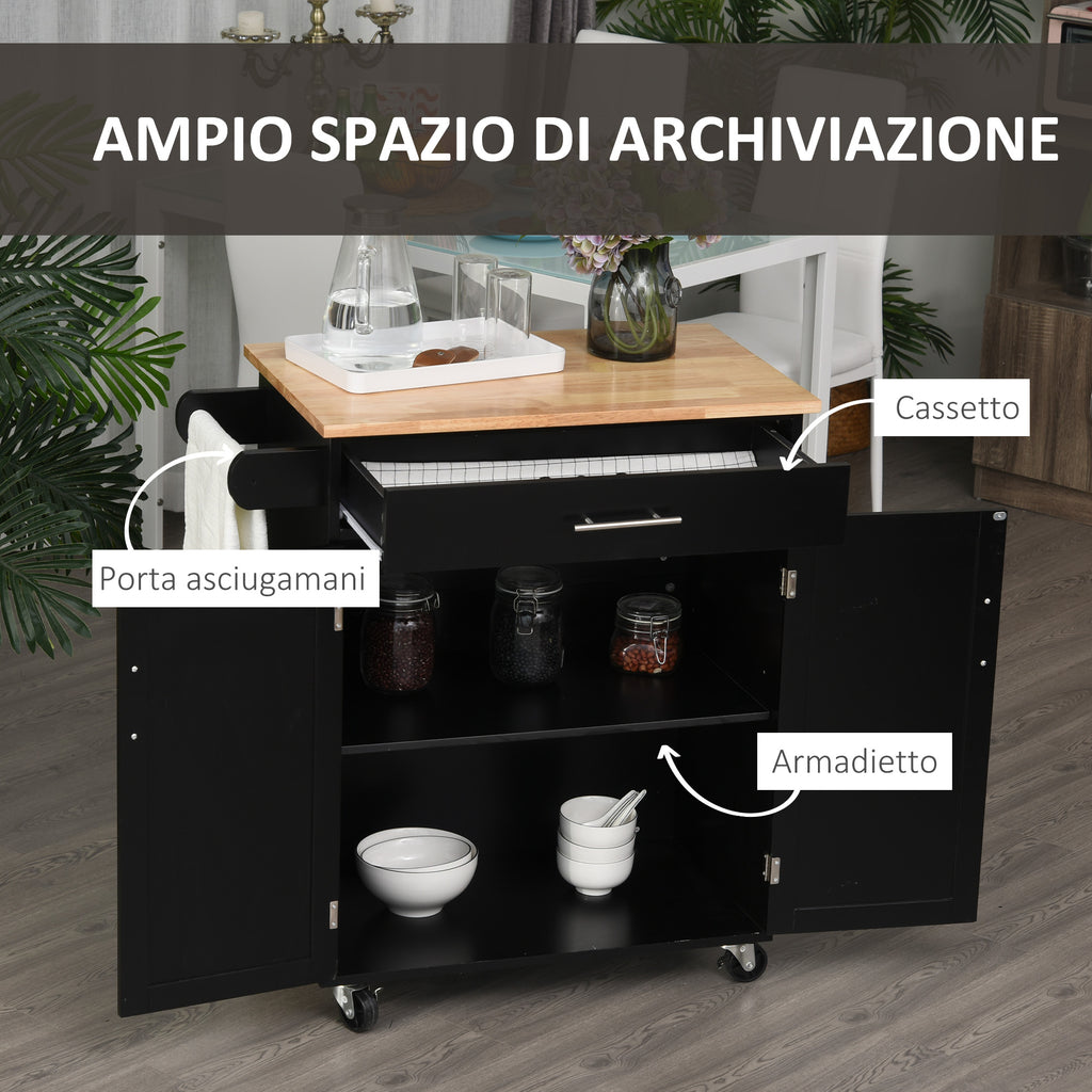HOMCOM Kitchen Trolley with Drawer and Cabinet 2 Doors, Wheels and Side Bar, 83x45x91.5cm, Black - Borgè