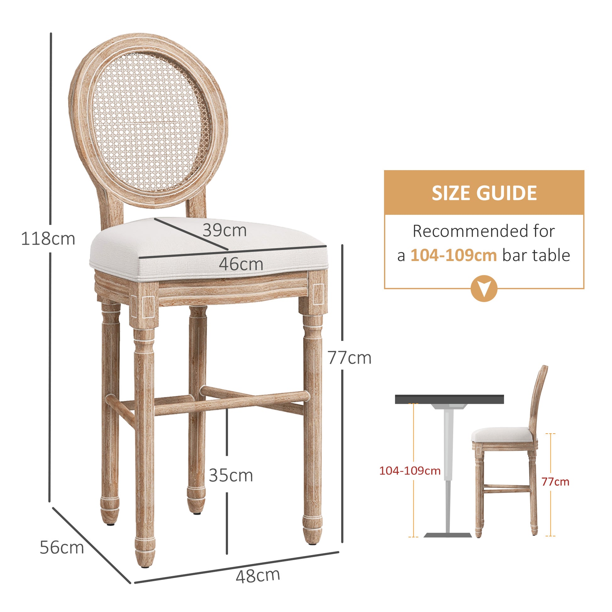 Homcom Set 2 bar stools with back, cushions and footrests, in wood and polyester, 48x56x118 cm, cream - Borgè