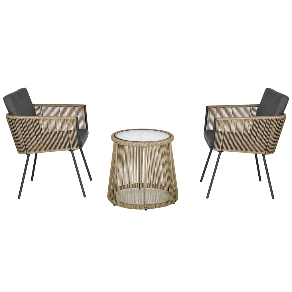 Set of 2 Outdoor Chairs with Table in PE Rattan Boho Style, Khaki and Grey - Borge' Group Limited