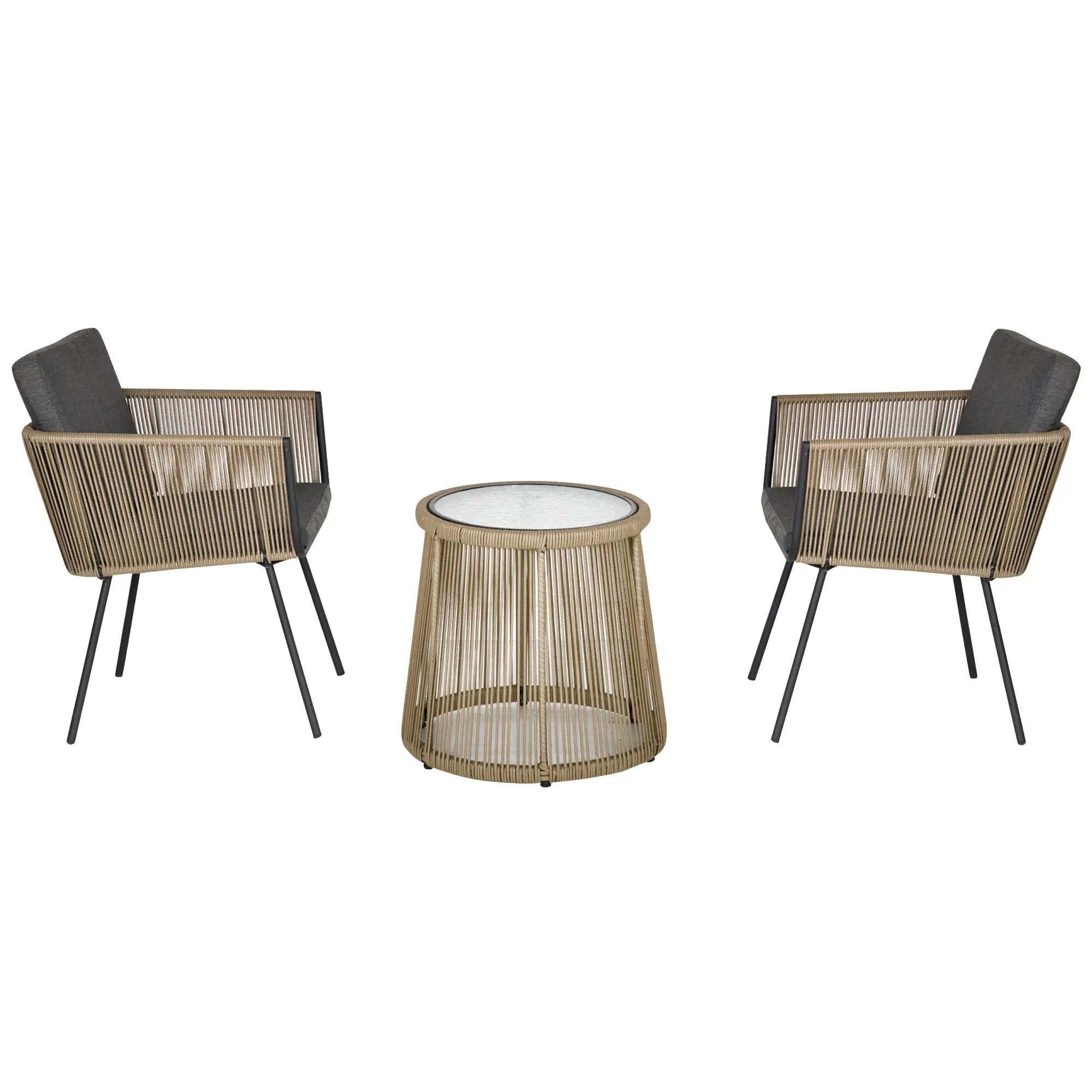 Set of 2 Outdoor Chairs with Table in PE Rattan Boho Style, Khaki and Grey - Borge' Group Limited
