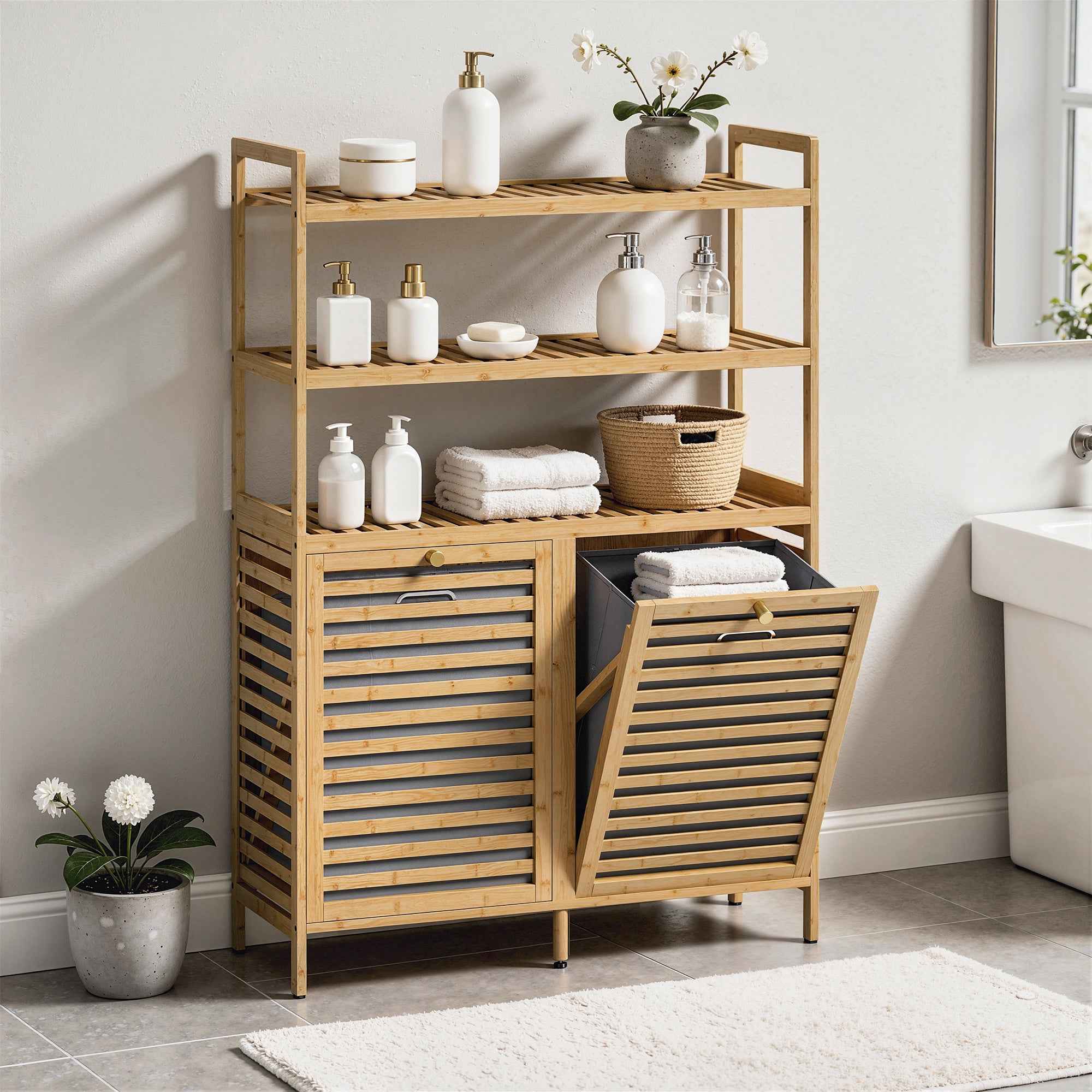 HOMCOM Tiltable Double Laundry Cabinet, Bamboo, 2 Baskets, 3 Shelves, Oak Color