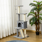 Multi-Level Cat Tree with House, Ladder, Ball and Sisal Posts, 48x48x125 cm, Grey