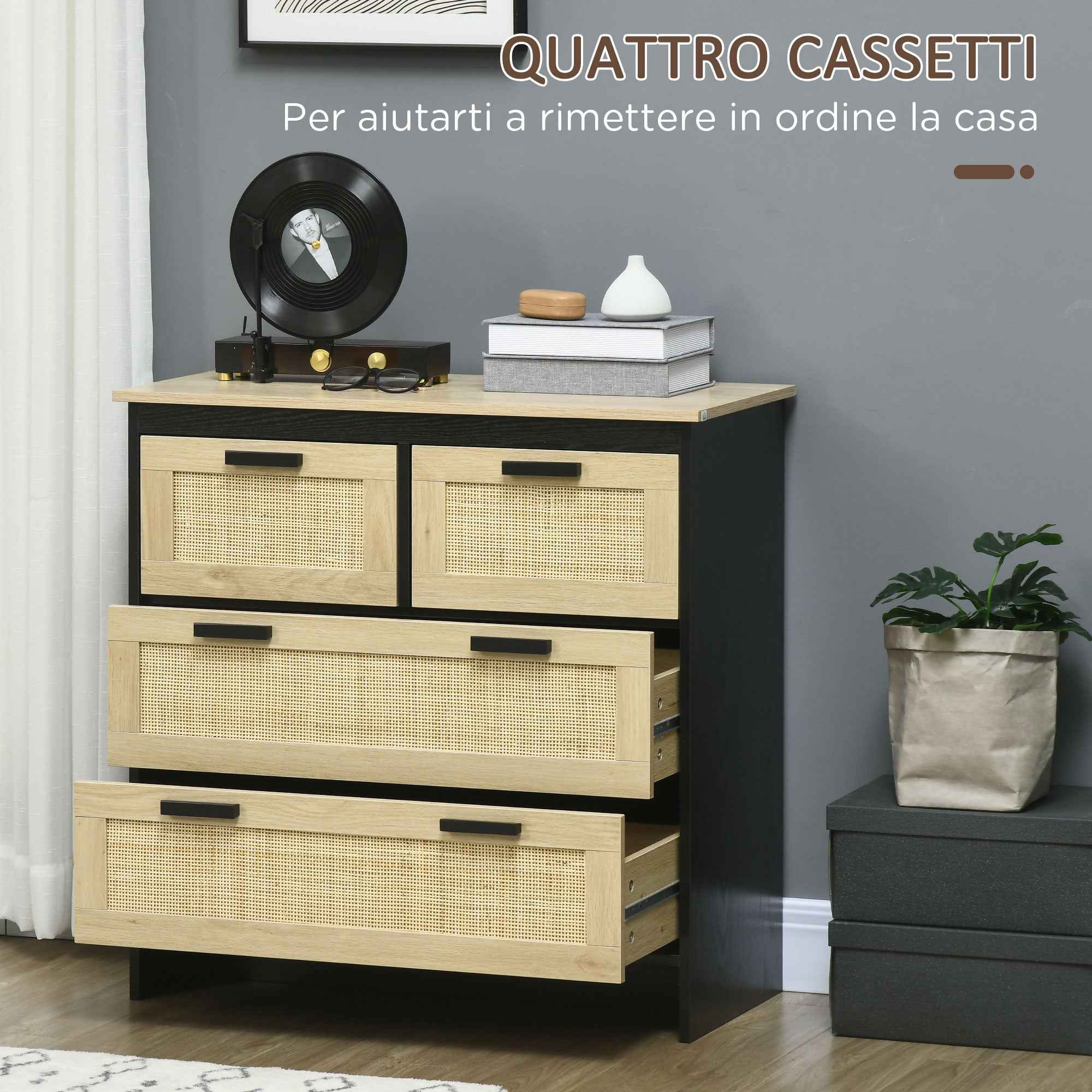 HOMCOM 4-Drawer Chest of Drawers in Chipboard and Rattan for Living Room and Bedroom, 80x38x80 cm