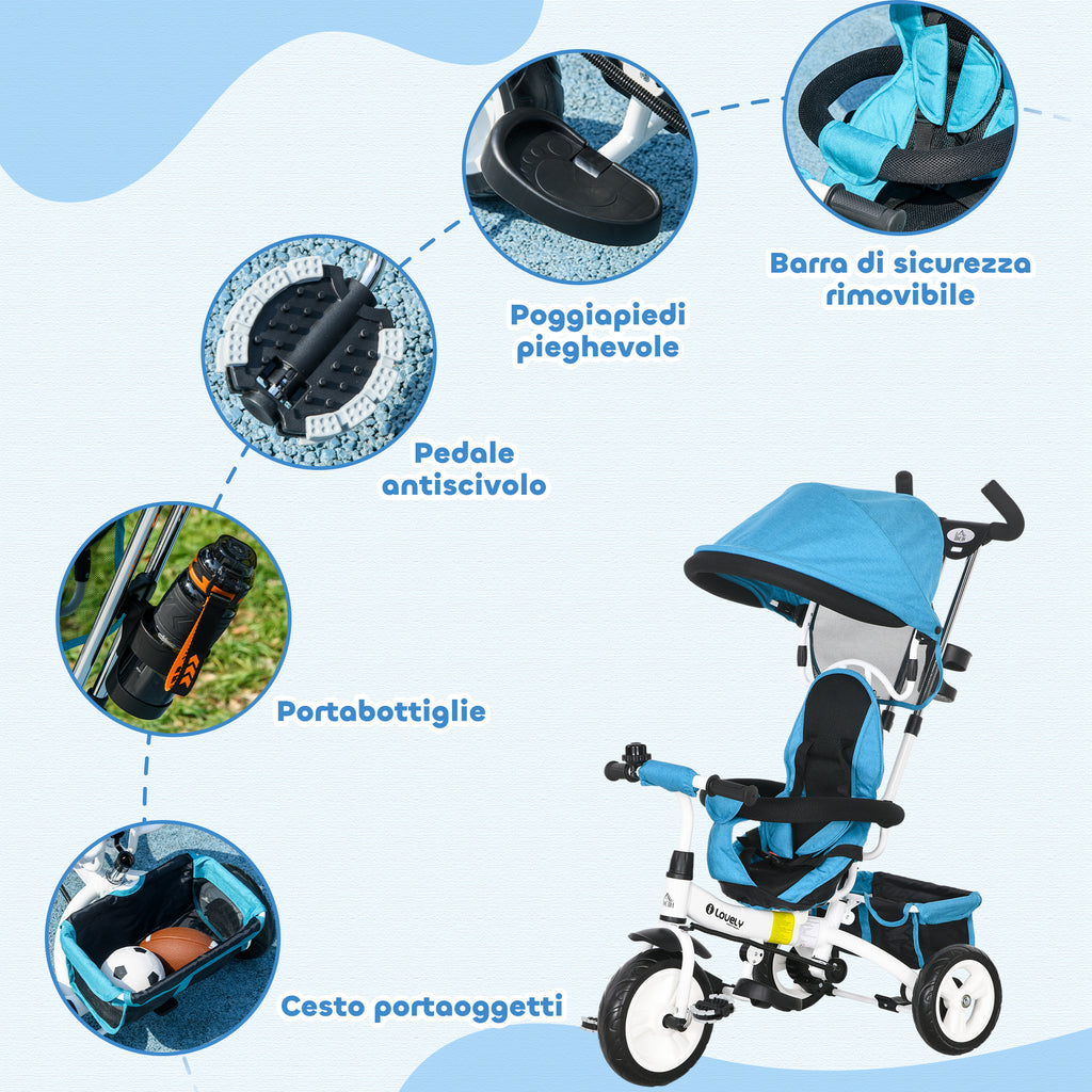 Kids Tricycle with 6-in-1 Handle, Adjustable Canopy and Safety Belt, Ages 1-5 Years, Blue