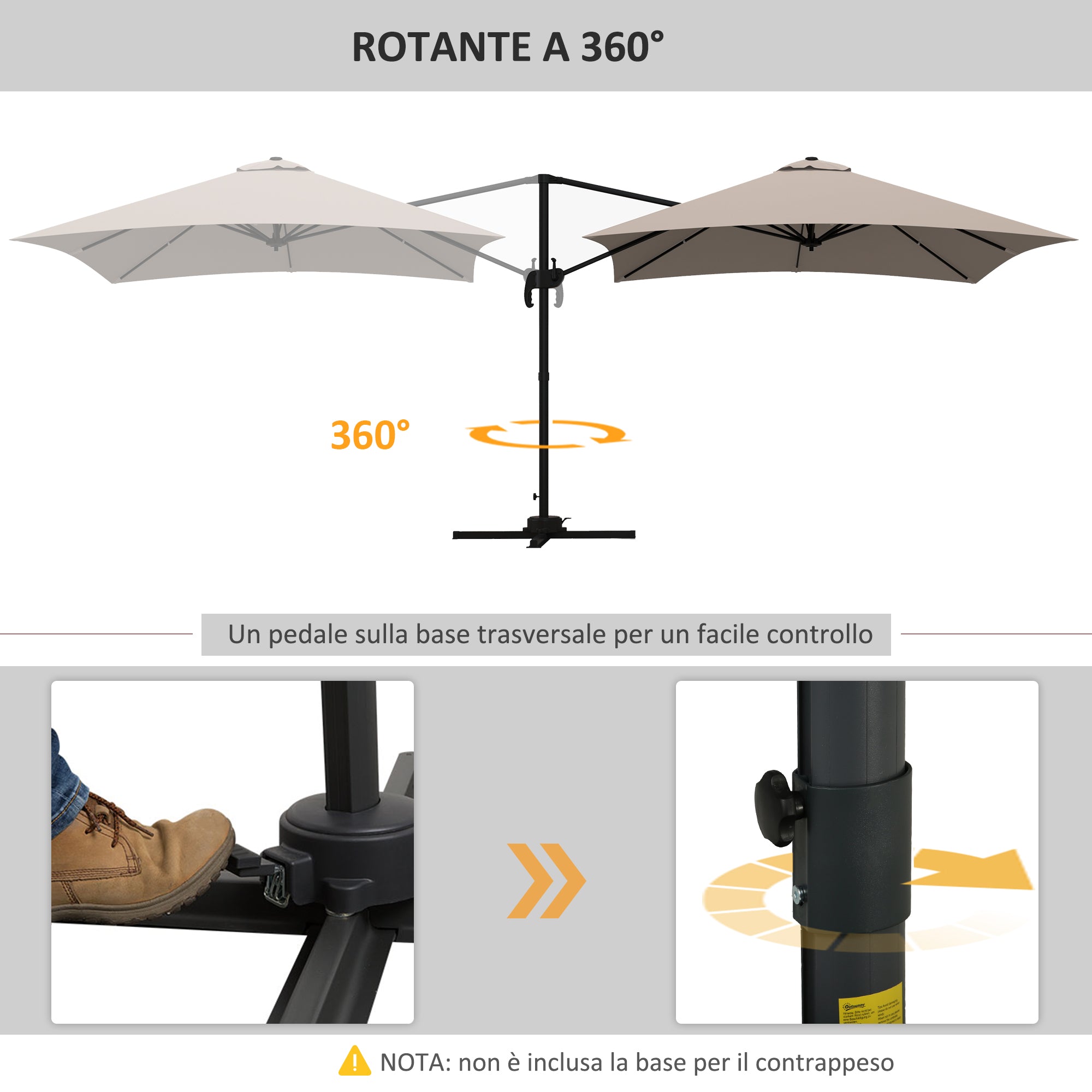 3x3 m Arm Umbrella with 8 Ribs, Pedal and Crank, in Aluminum and Polyester, Khaki color - Borgè