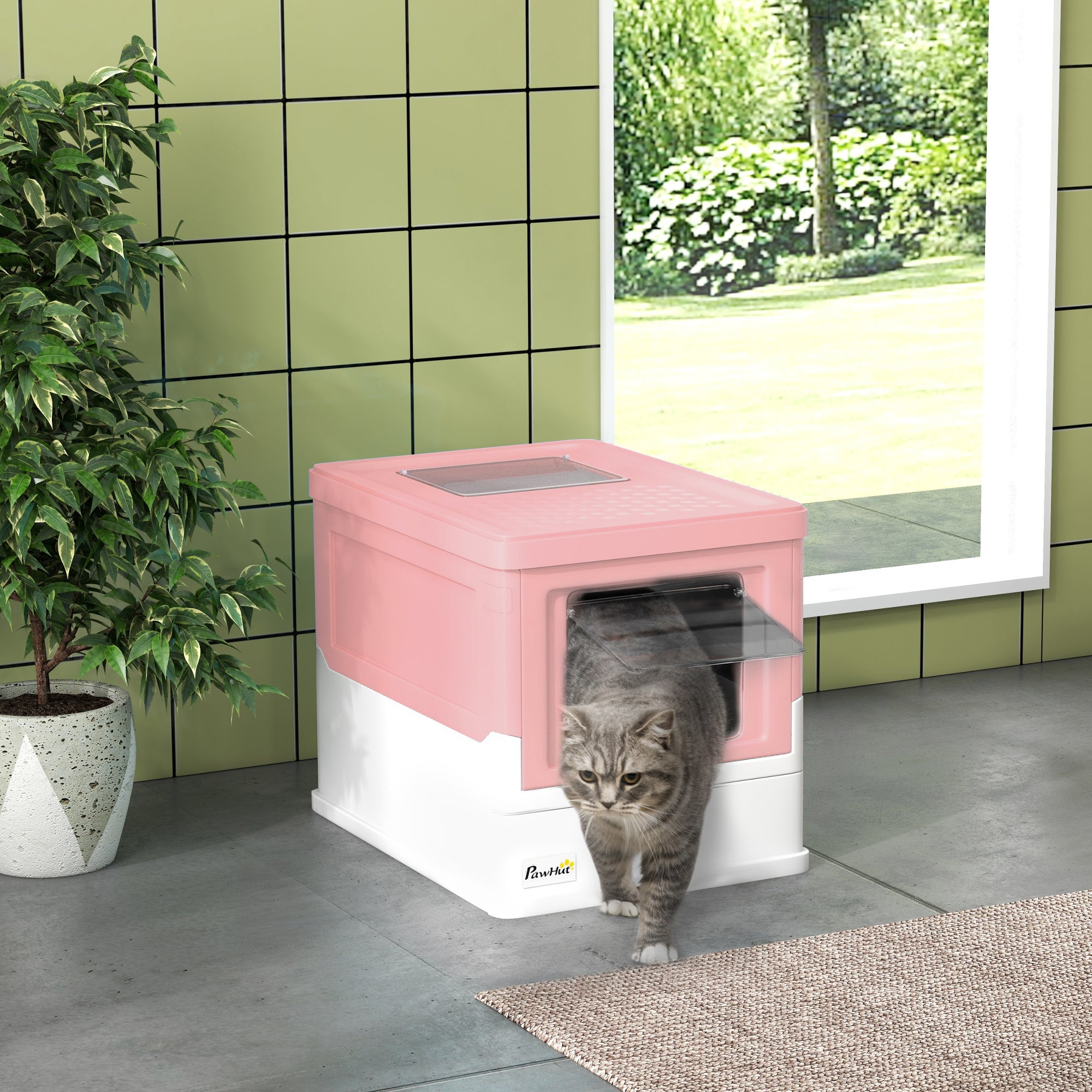 Closed PP Cat Litter Box with 2 Doors with Scoop and Removable Tray, 47.5x35.5x36.7 cm, Pink and White