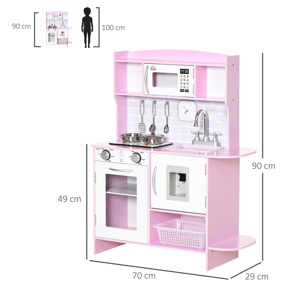 HOMCOM Kids' Play Kitchen with Stove, Lights and Sounds, Microwave, Water Dispenser, Ages 3-6, Pink