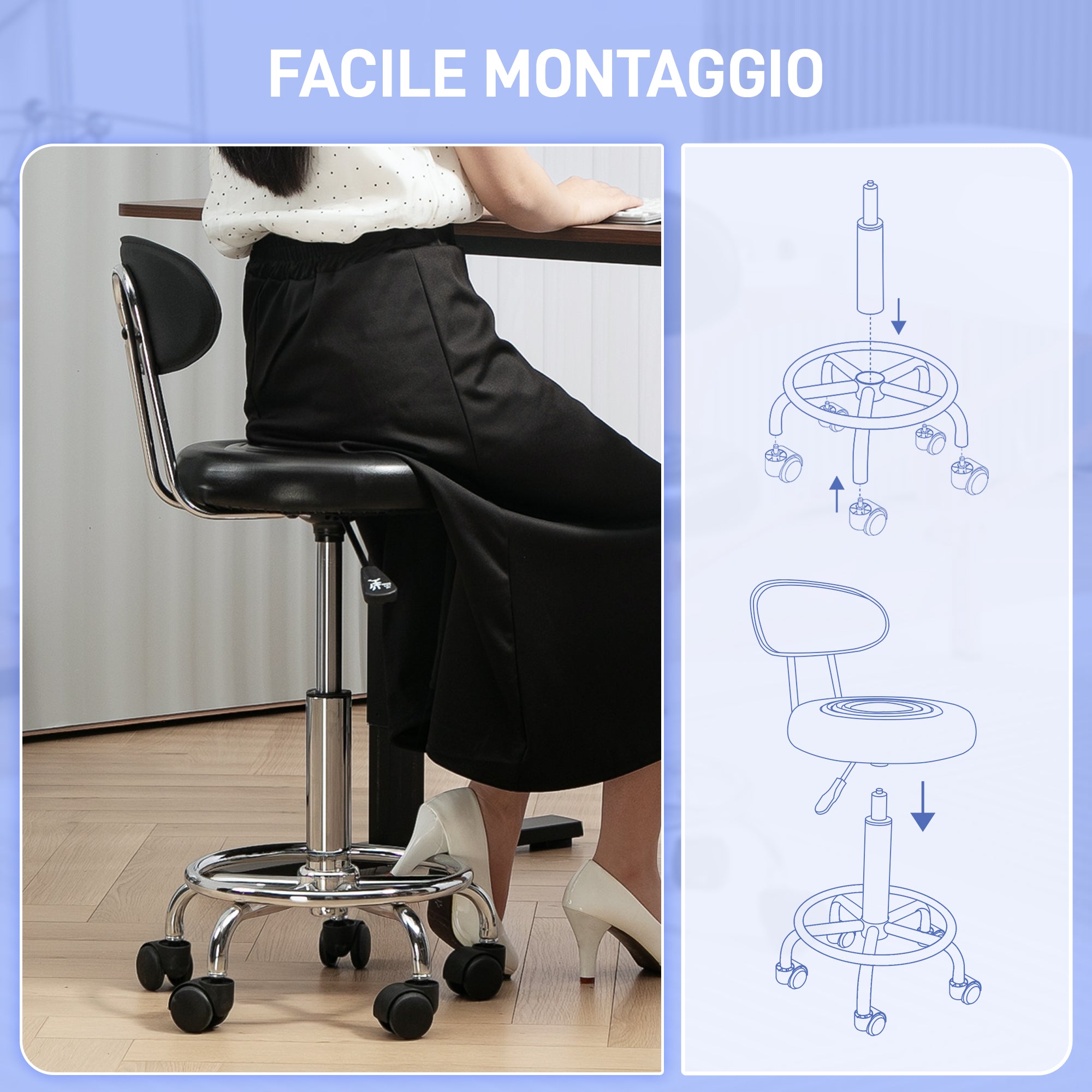 HOMCOM Adjustable 360° Swivel Stool with Backrest, Wheels and Footrest, in Steel, Faux Leather and Foam, Black