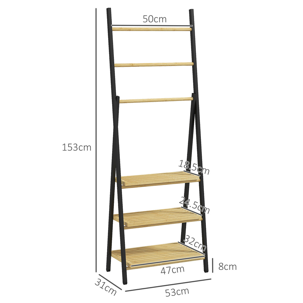 Folding Towel Rack with 3 Bars and 3 Shelves, in Bamboo and Steel, 53x31x153 cm, Black and Wood Color