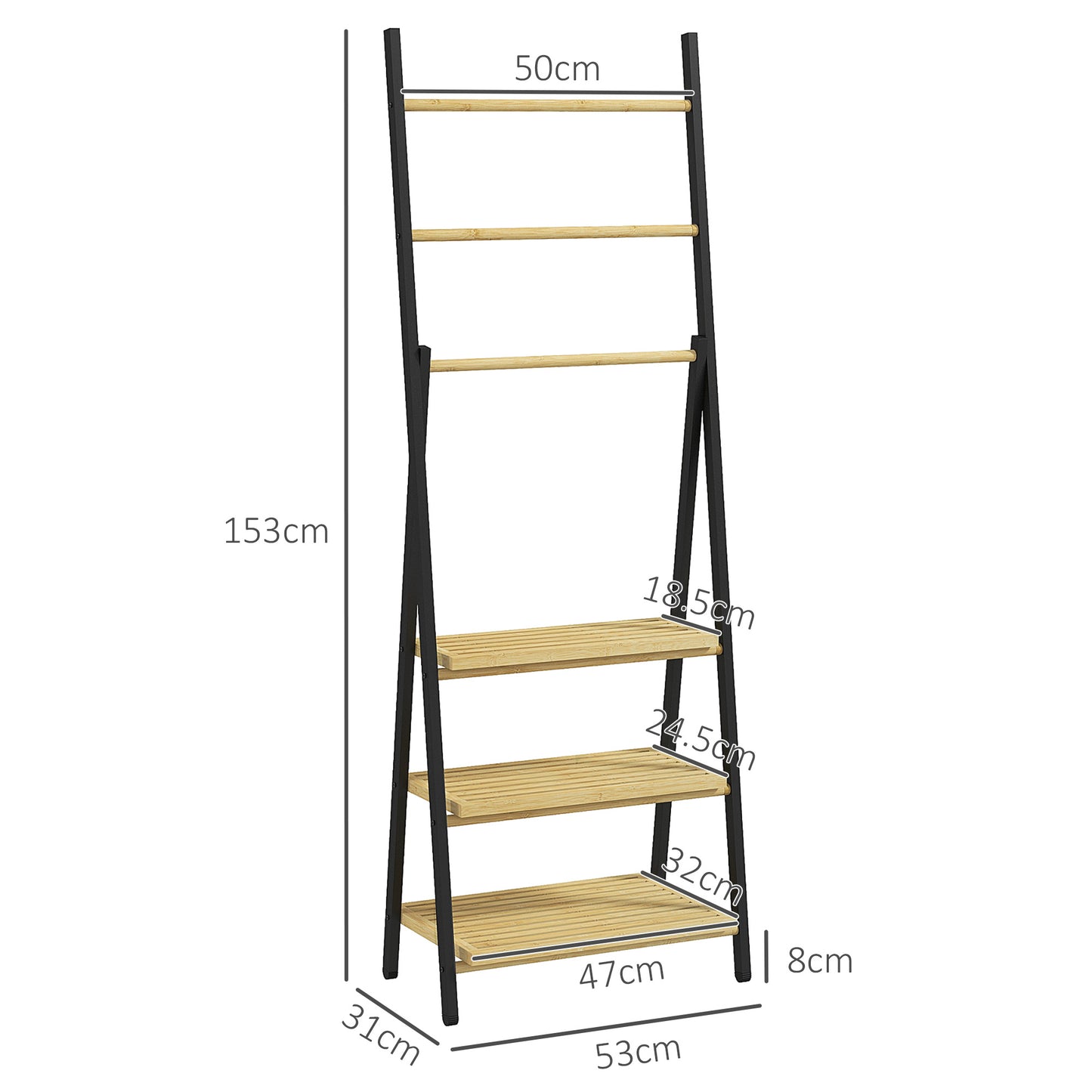 Folding Towel Rack with 3 Bars and 3 Shelves, in Bamboo and Steel, 53x31x153 cm, Black and Wood Color