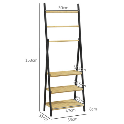 Folding Towel Rack with 3 Bars and 3 Shelves, in Bamboo and Steel, 53x31x153 cm, Black and Wood Color