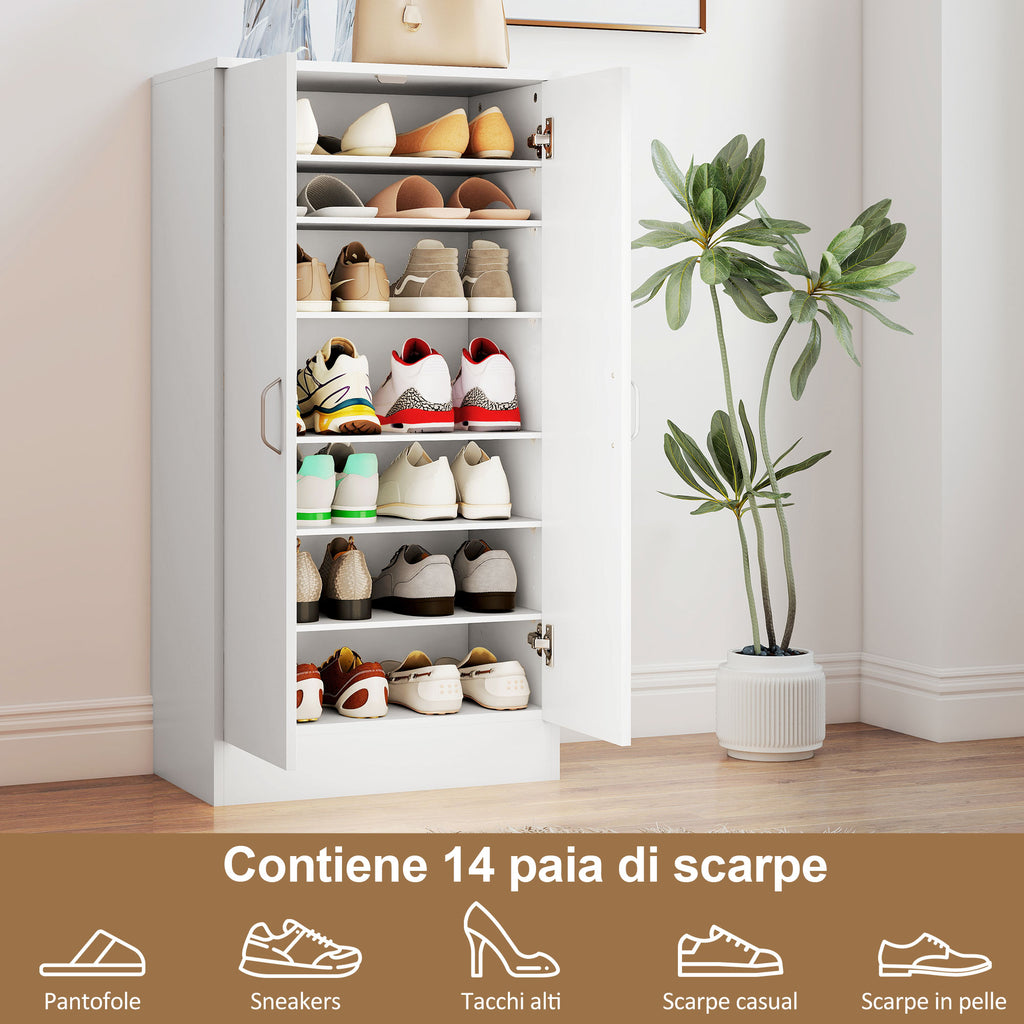 6-Tier Adjustable Shoe Rack in White Wood, 55x35x108 cm