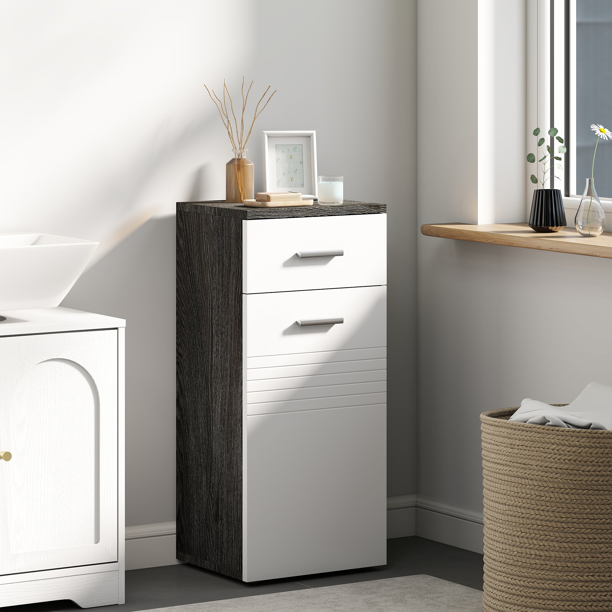 Bathroom Cabinet with Drawer and Wooden Cabinet, 35x30x77.5cm, Black and White