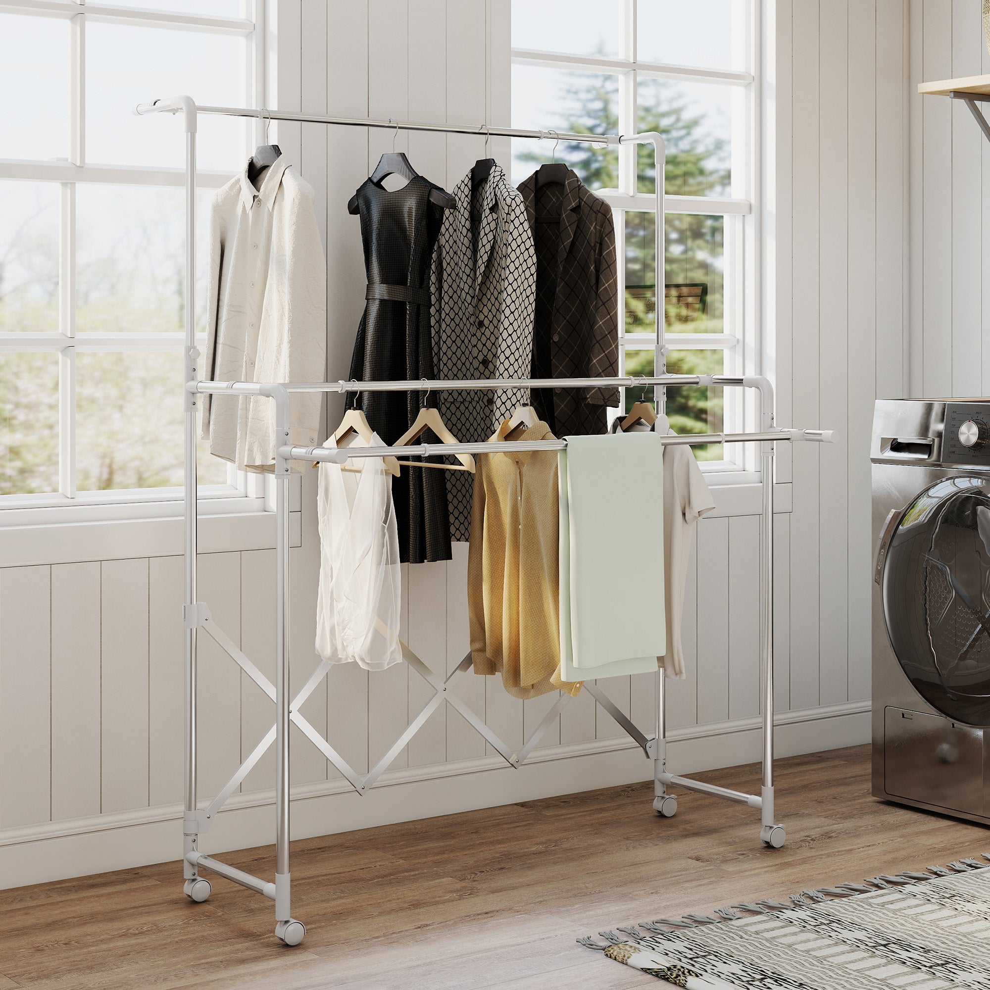 Folding Clothes Airer with 3 Adjustable Bars, Swivel Wheels and Stainless Steel Frame, Silver