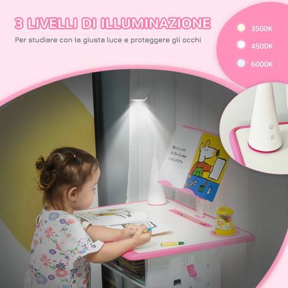 School Desk with Chair for Children 6-12 Years Adjustable Height, LED Lamp, Lectern and Pen Holder, Steel and MDF, Pink - Borgè