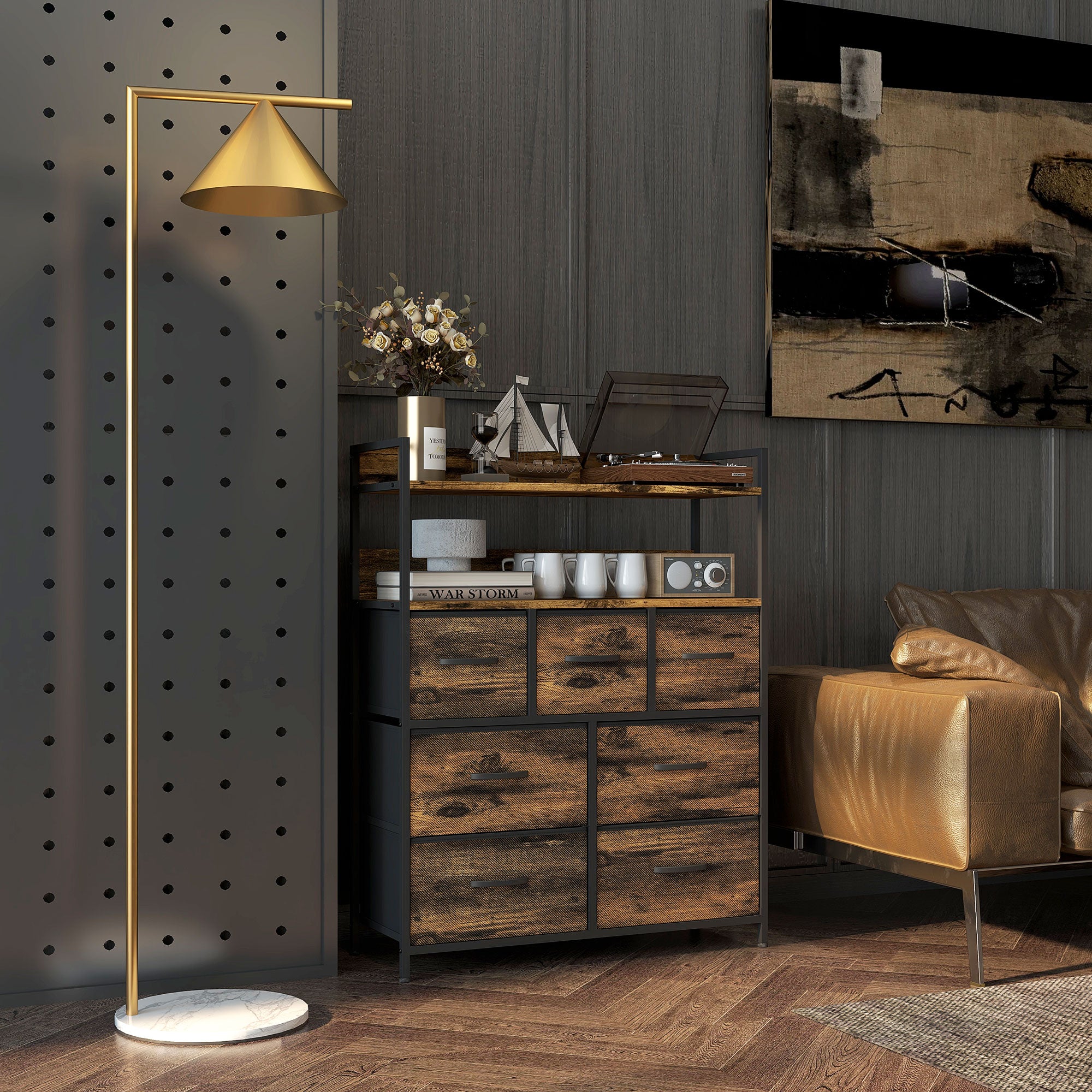 Chest of Drawers 7 Removable Drawers with 2 Shelves Industrial in Wood and Steel, 79x29x101 cm, Brown and Black