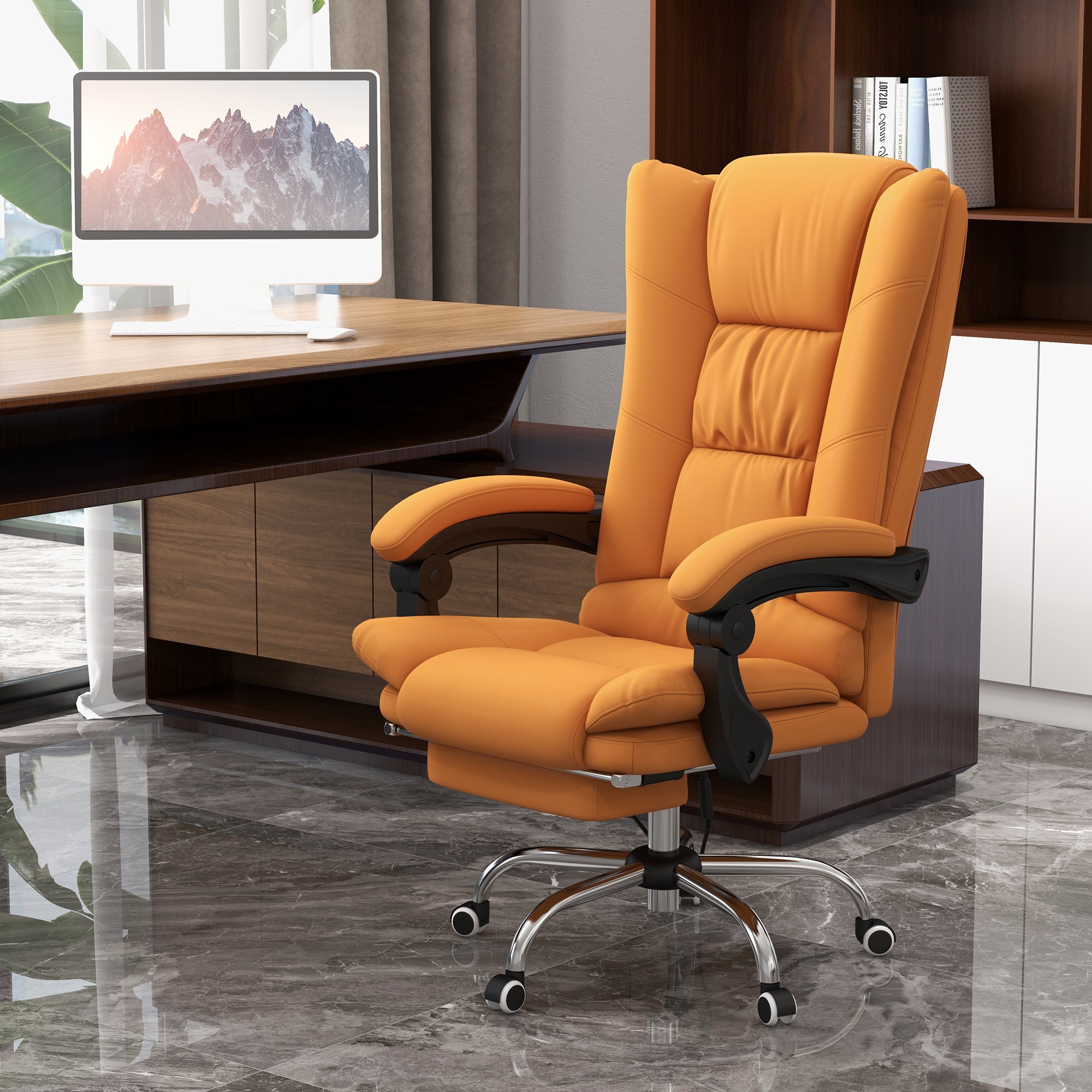 View of the massacle and heated office armchair, reclining with footrests, fake light brown leather - Borgè