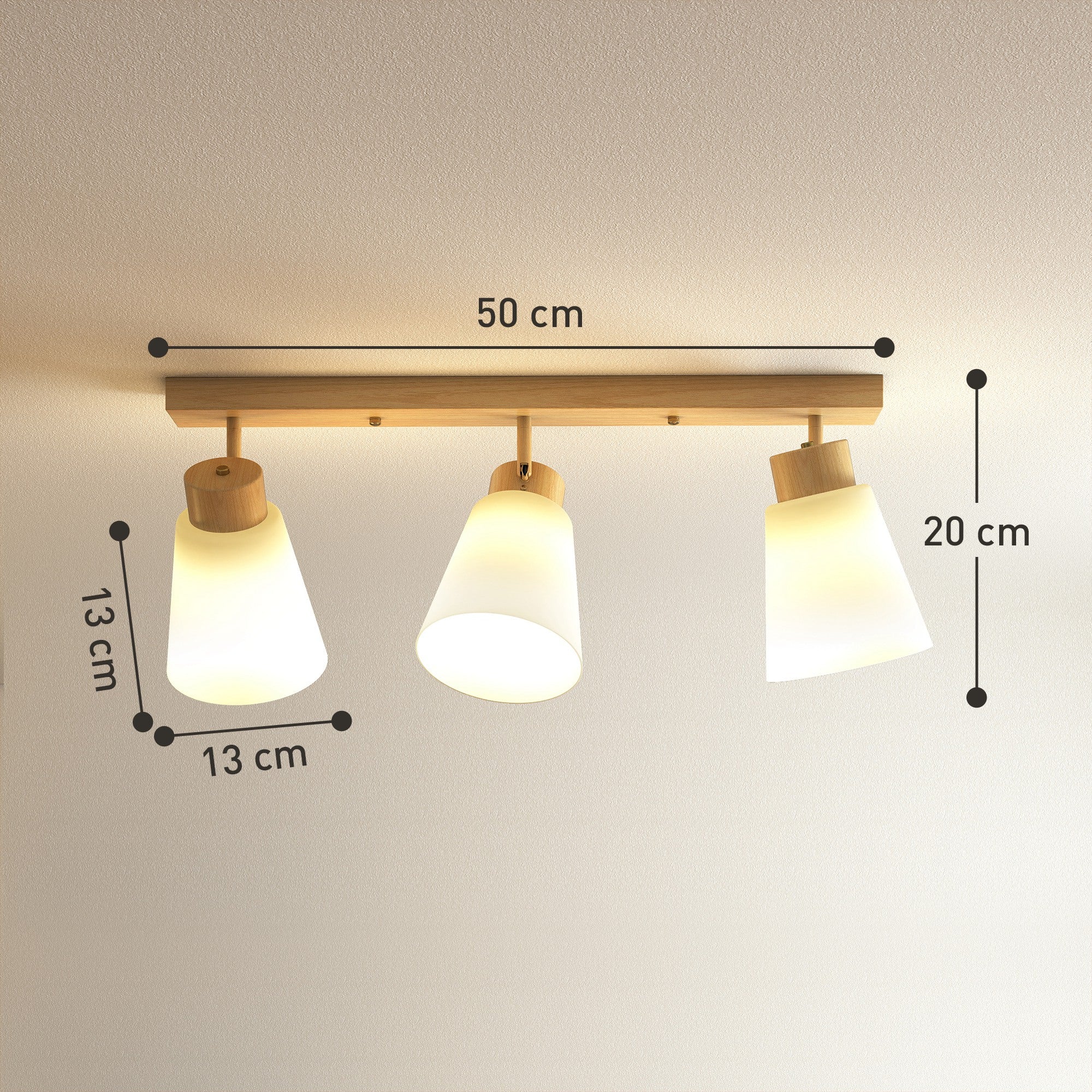 Ceiling Lamp with 3 Adjustable Light Points at 90° and E27 Sockets, Wood Color