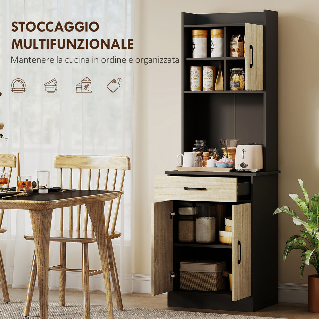 Wooden Pantry Cabinet with Drawer, 2 Open Shelves and Cabinets, 60x40x180 cm, Black and Wood Color