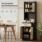 Wooden Pantry Cabinet with Drawer, 2 Open Shelves and Cabinets, 60x40x180 cm, Black and Wood Color