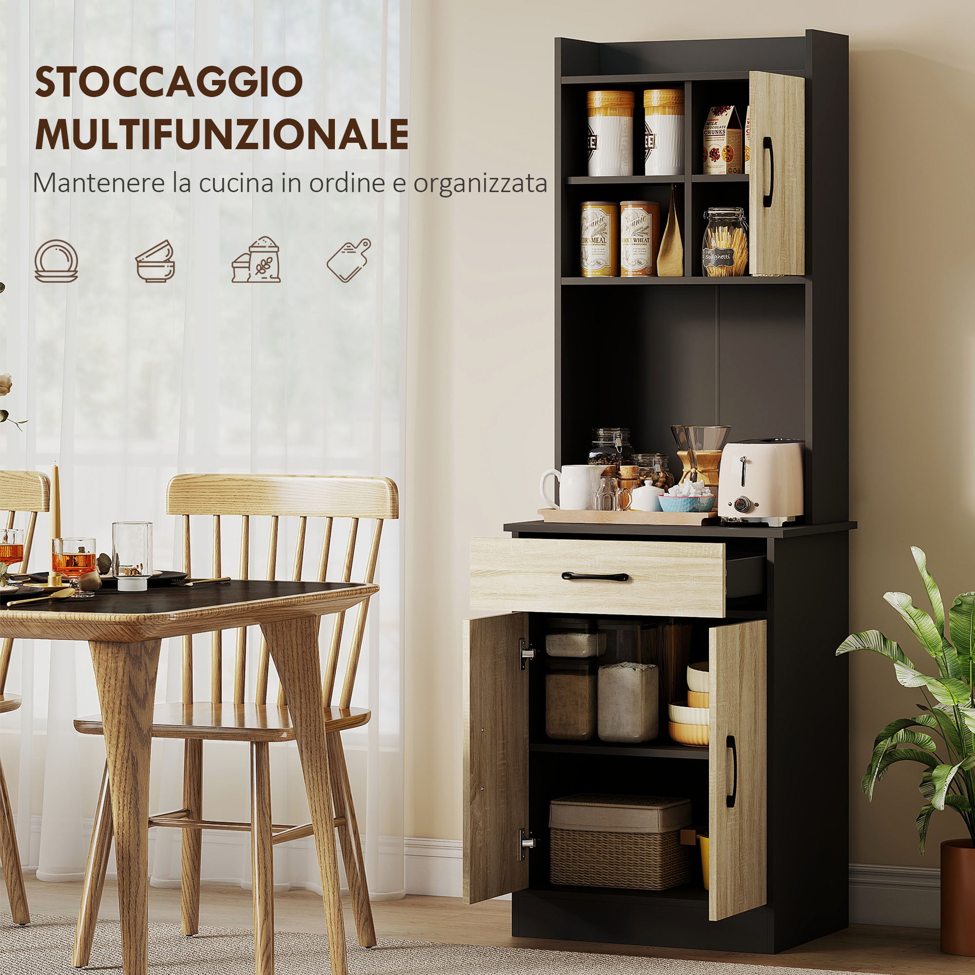 Wooden Pantry Cabinet with Drawer, 2 Open Shelves and Cabinets, 60x40x180 cm, Black and Wood Color