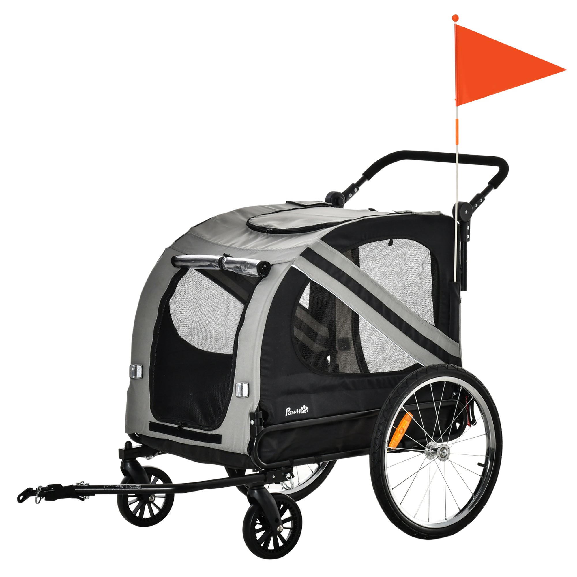 Dog Trailer with Hinged Entry, Wheels and Flag, Steel and Oxford Fabric, Grey Black Silver