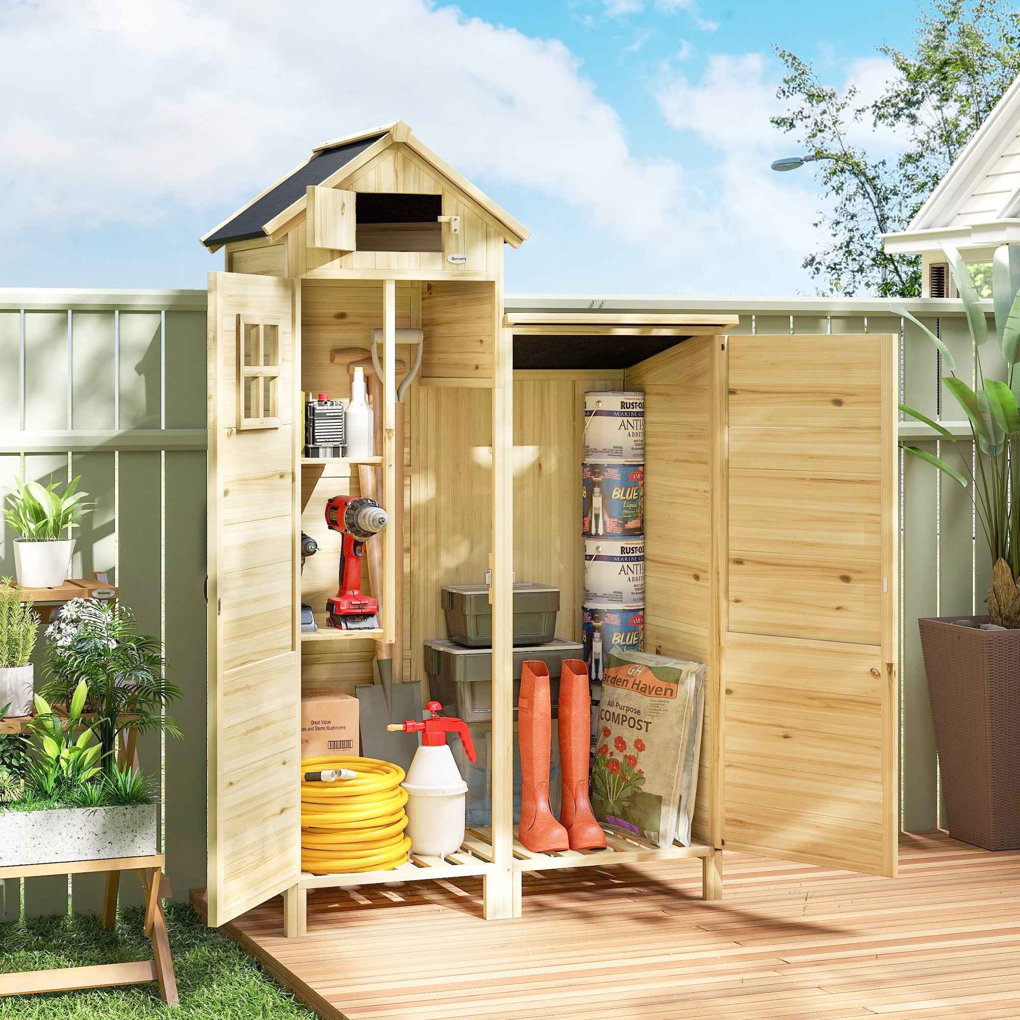 Outsunny 2-Zone Tool Shed with Adjustable Shelves and Window, Fir Wood, 106x57x167 cm, Wood Color