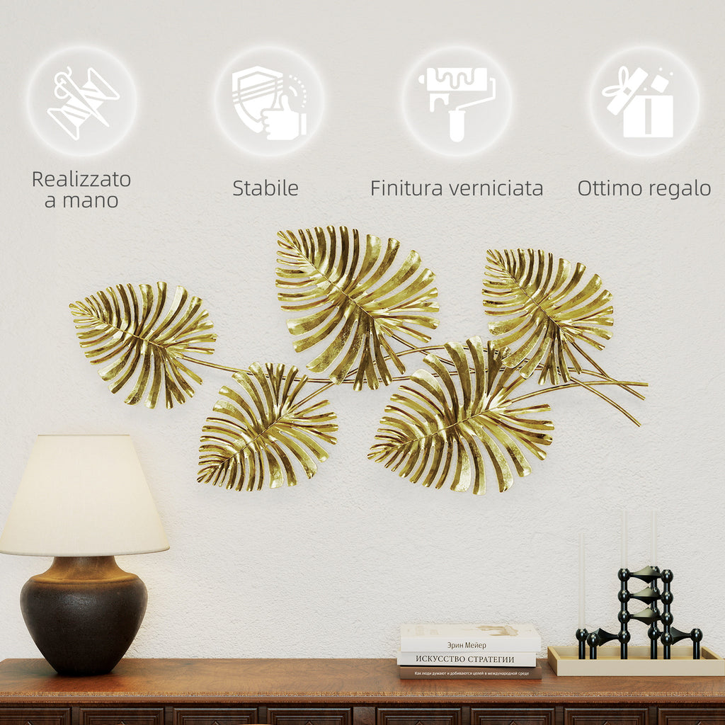 5-Leaf Monstera Wall Art in Gold Metal with Mounting Hardware Included, 83 x 2.5 x 39 cm