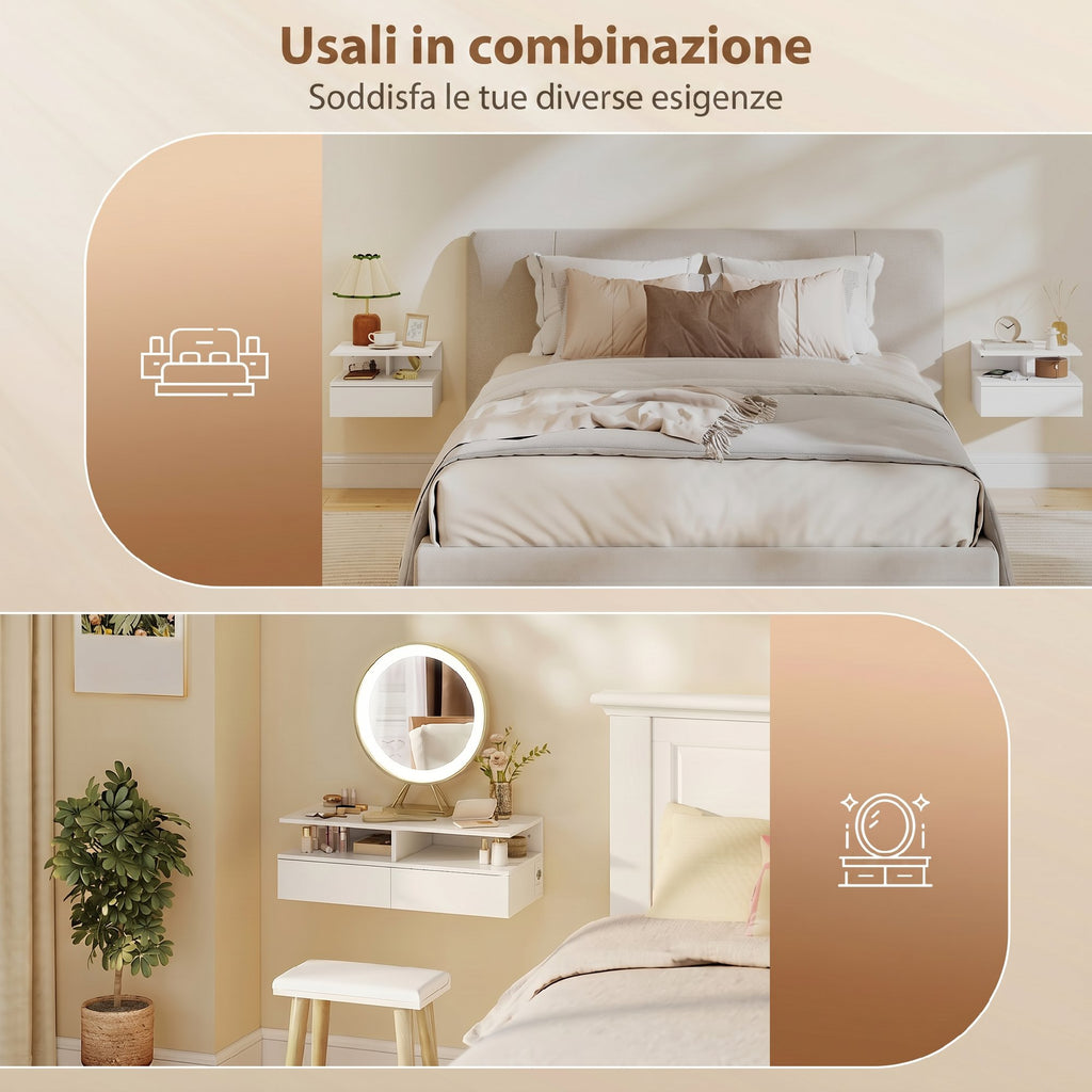 HOMCOM Set of 2 Floating Bedside Tables with Charging Station, Drawer and Open Shelf, Wooden, 40x35x30 cm, White