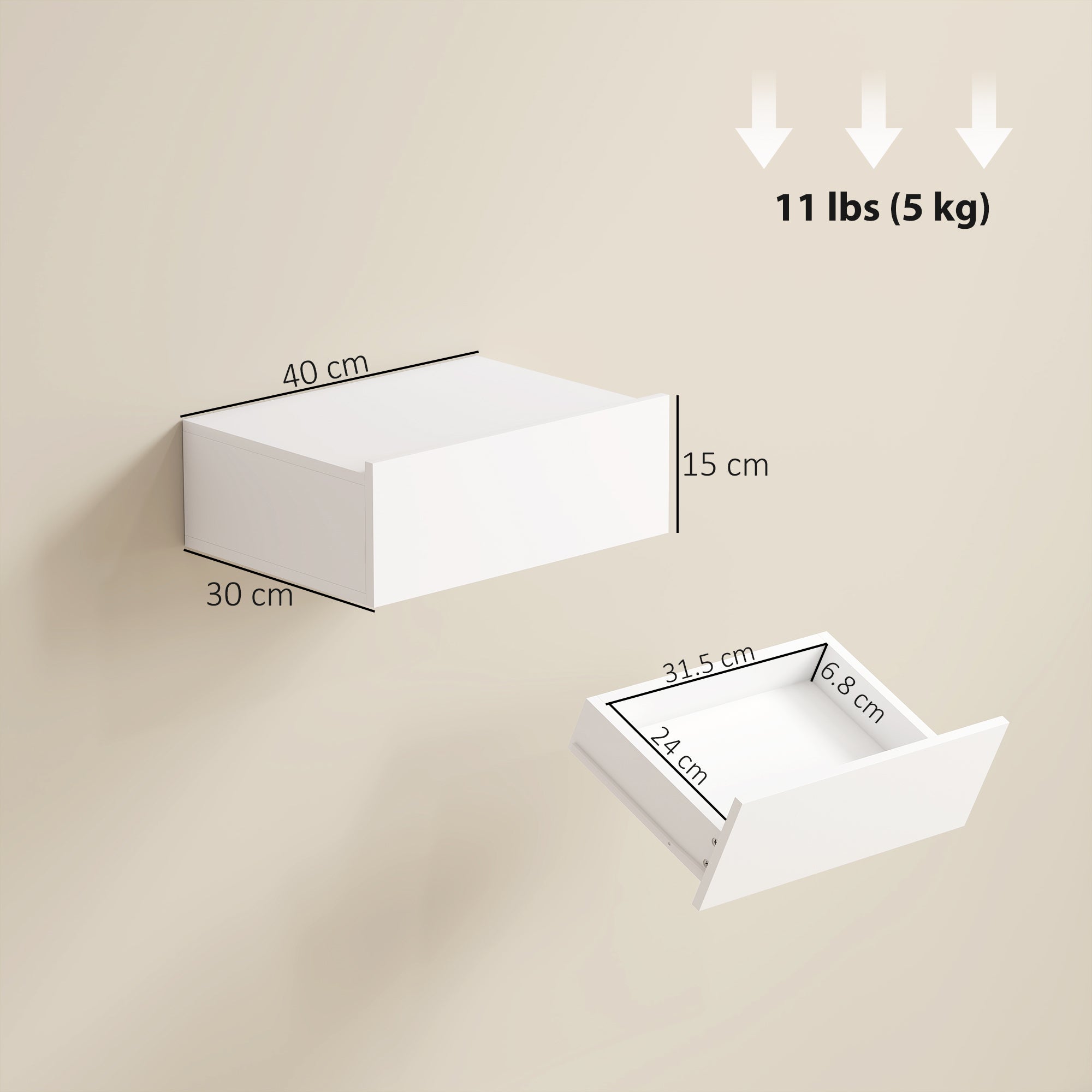 HOMCOM Set of 2 Modern Floating Bedside Tables with Wooden Drawer, 40x30x15cm, White