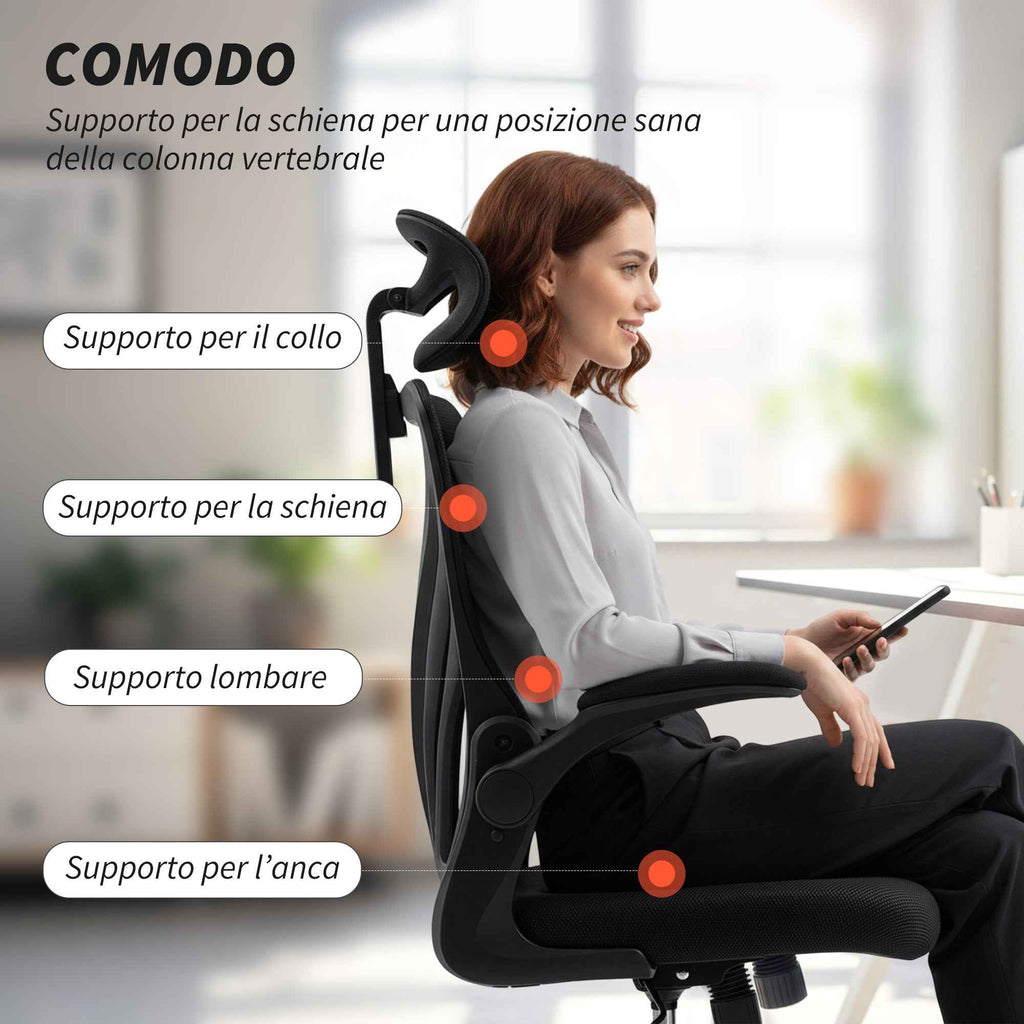 HOMCOM Ergonomic Office Chair with Flip-Up Armrests, Lumbar Support and Adjustable Headrest, Black