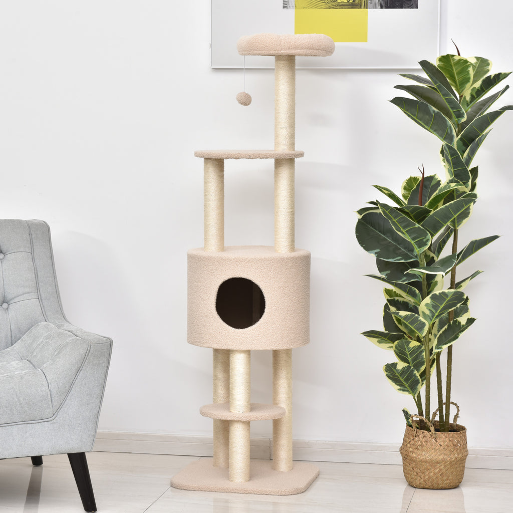 PawHut Sturdy Scratching Post for Cats with 5 Levels, Kennel, House, Games and Sisal Rope, Beige, Max 30kg - Borgè