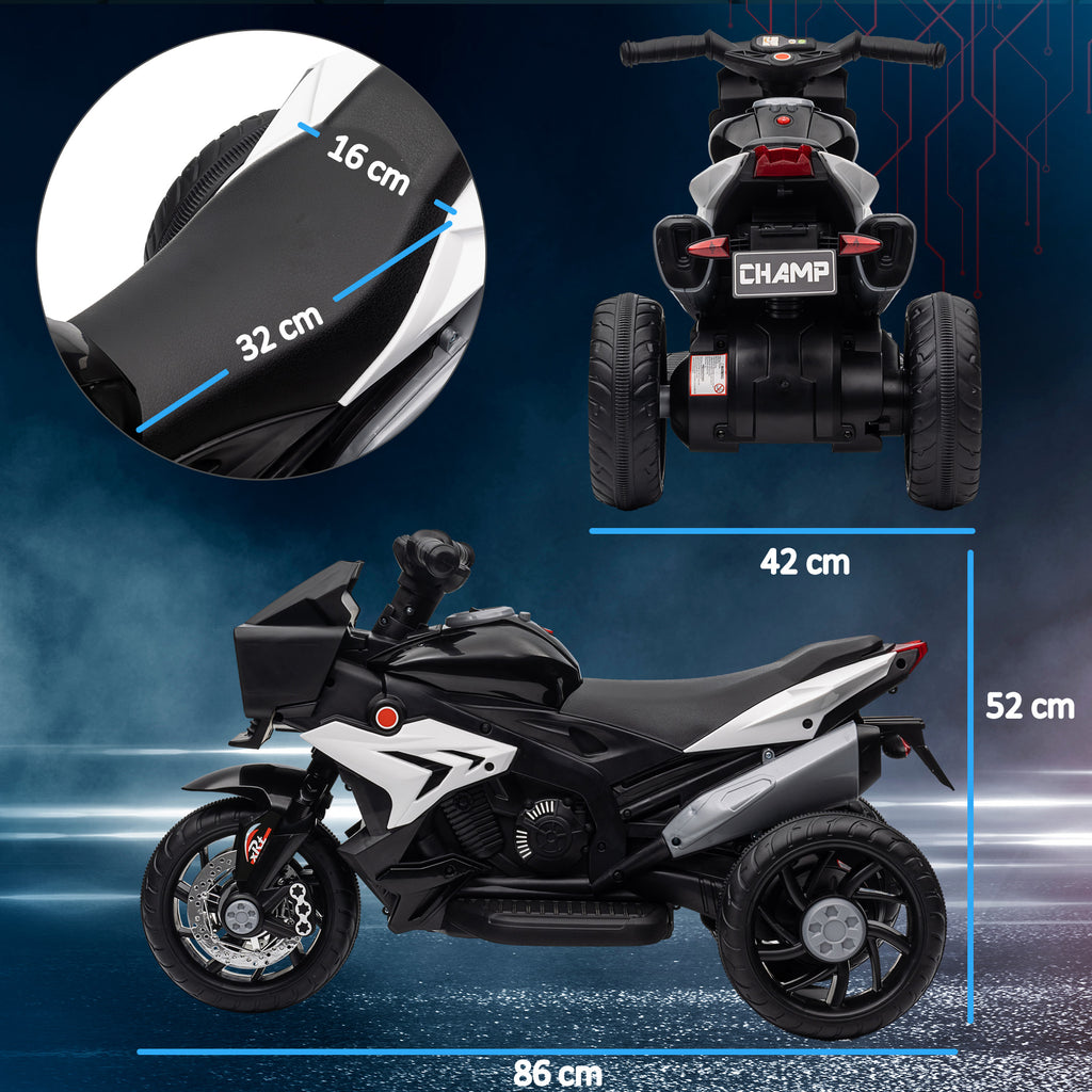 HOMCOM Electric Motorcycle for Children 3-5 Years (max. 25kg) with 3 Wheels, Lights and Sounds, 6V Battery, Black, 86x42x52cm