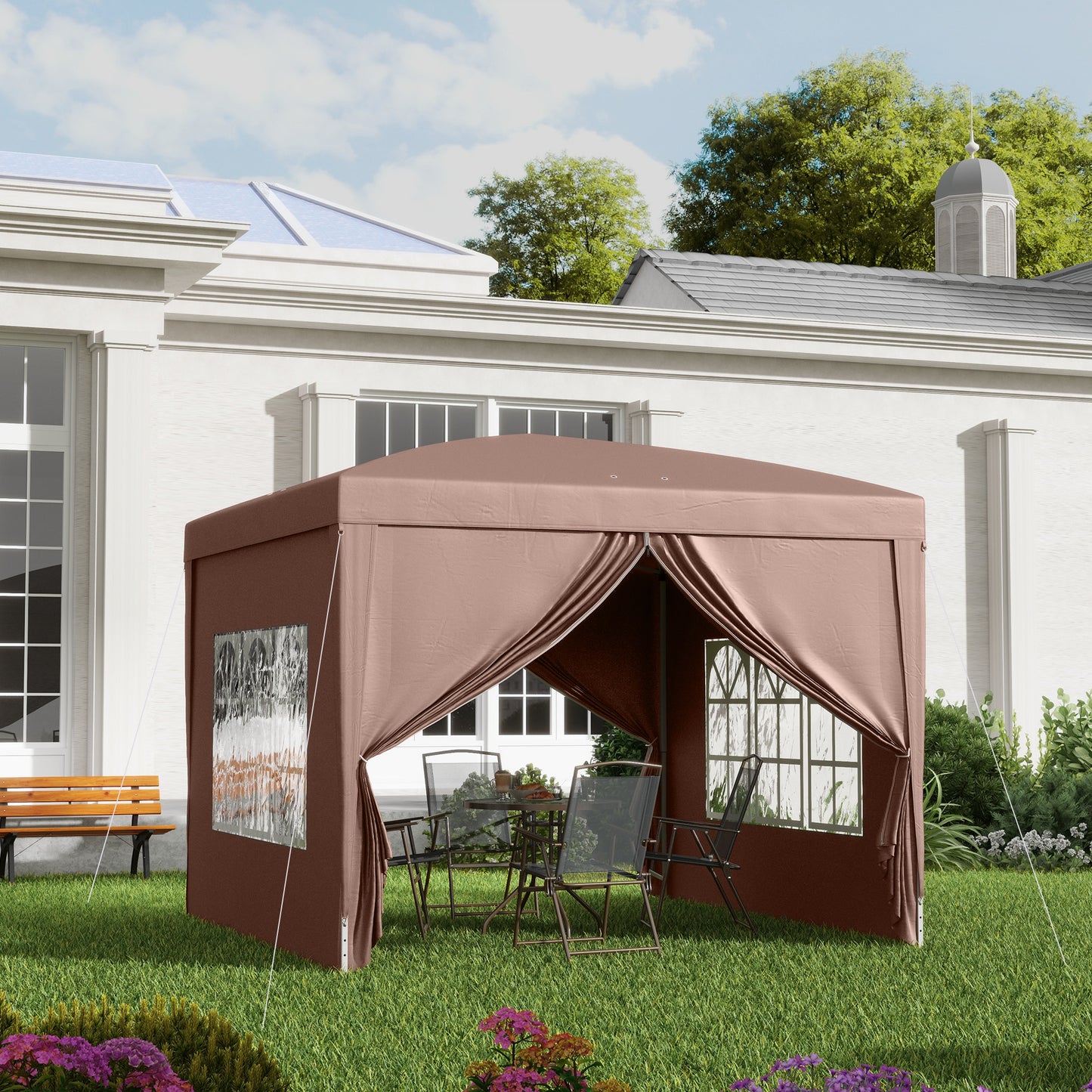 3x3m Folding Outdoor Gazebo with 4 Side Panels, in Steel and Oxford Fabric, Coffee Color