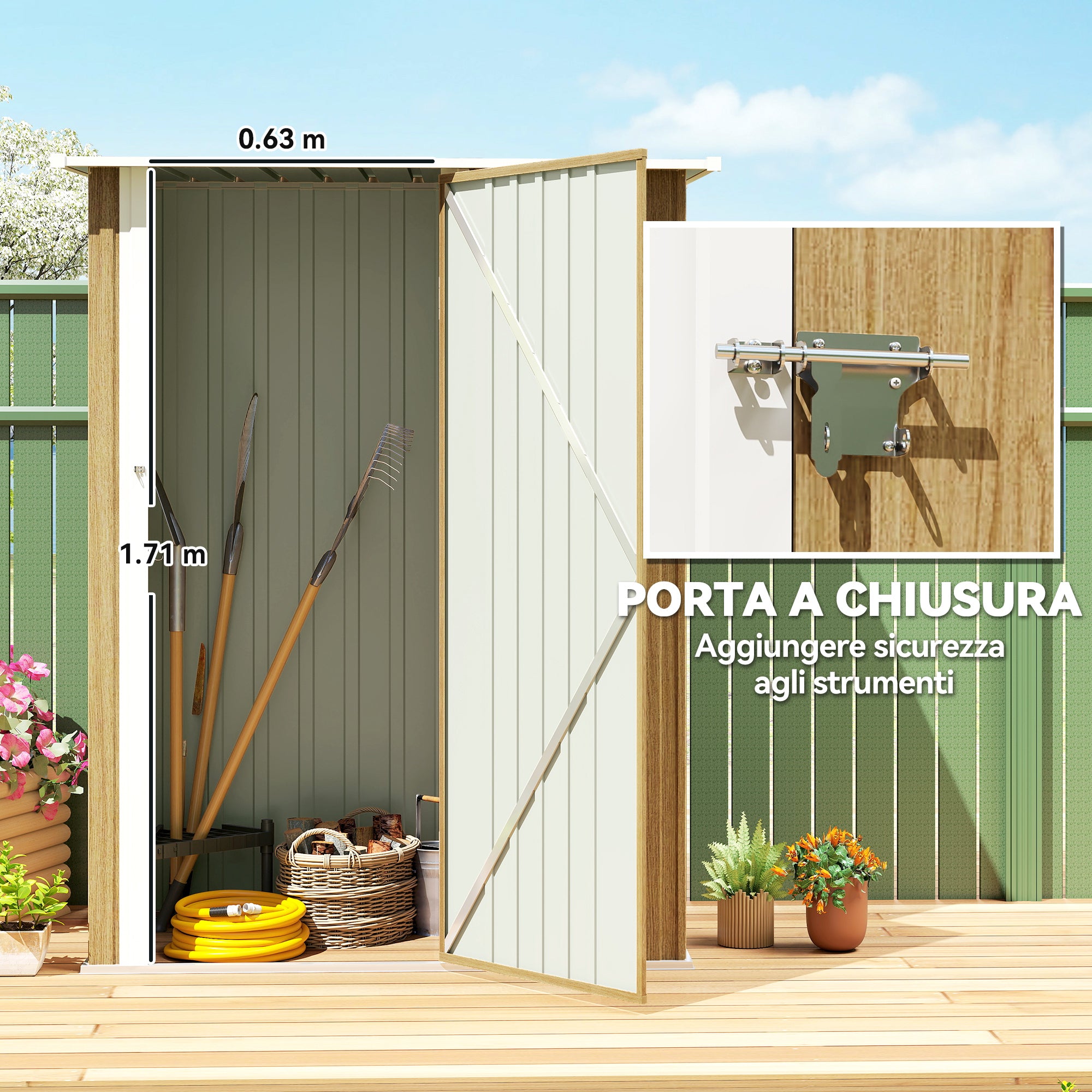 Outsunny Metal Tool Shed with Sloped Roof and Lockable Door, 142x86x189 cm, Wood Color