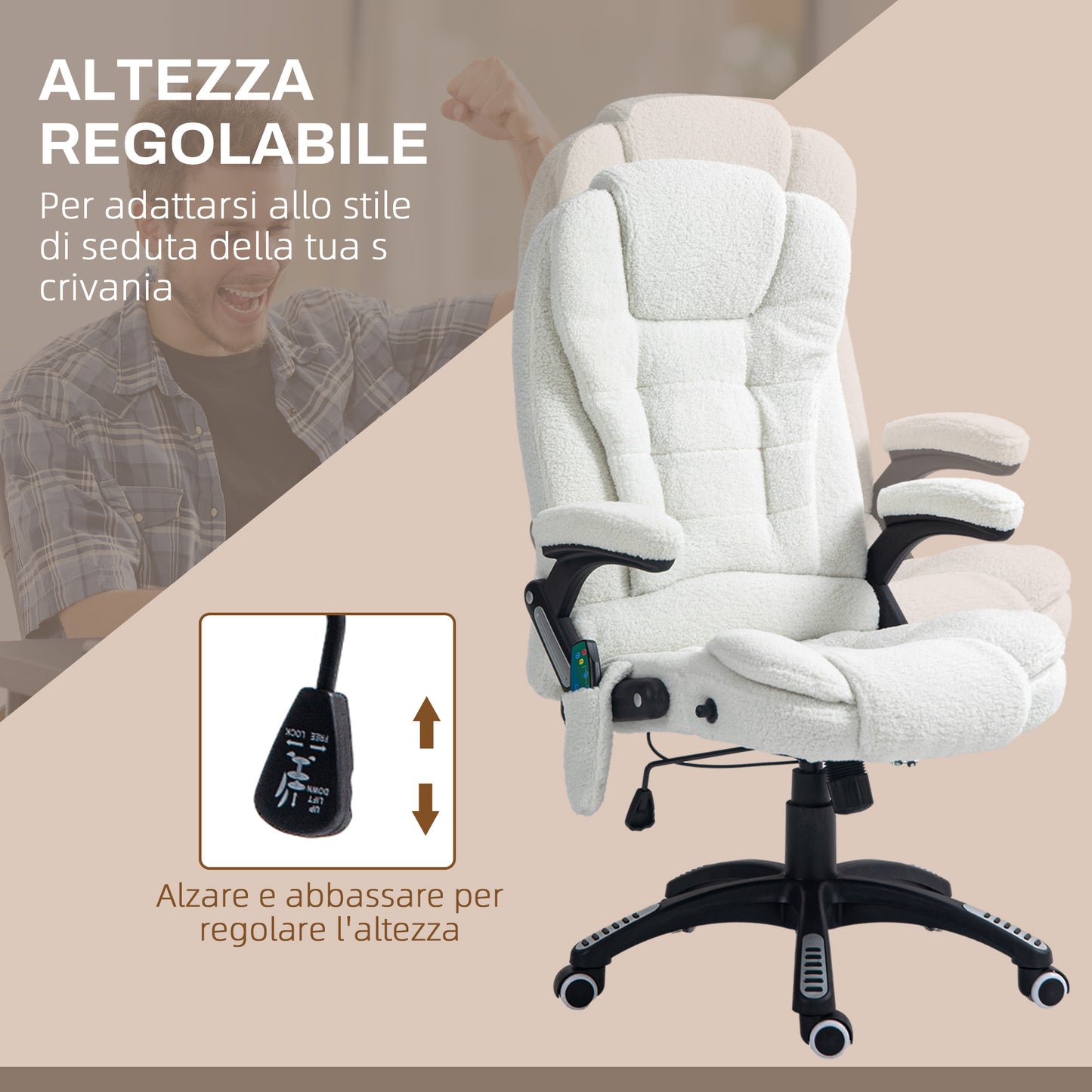 Adjustable Massage Office Chair with Remote Control, in Teddy Fabric, 67x74x107-116 cm, White