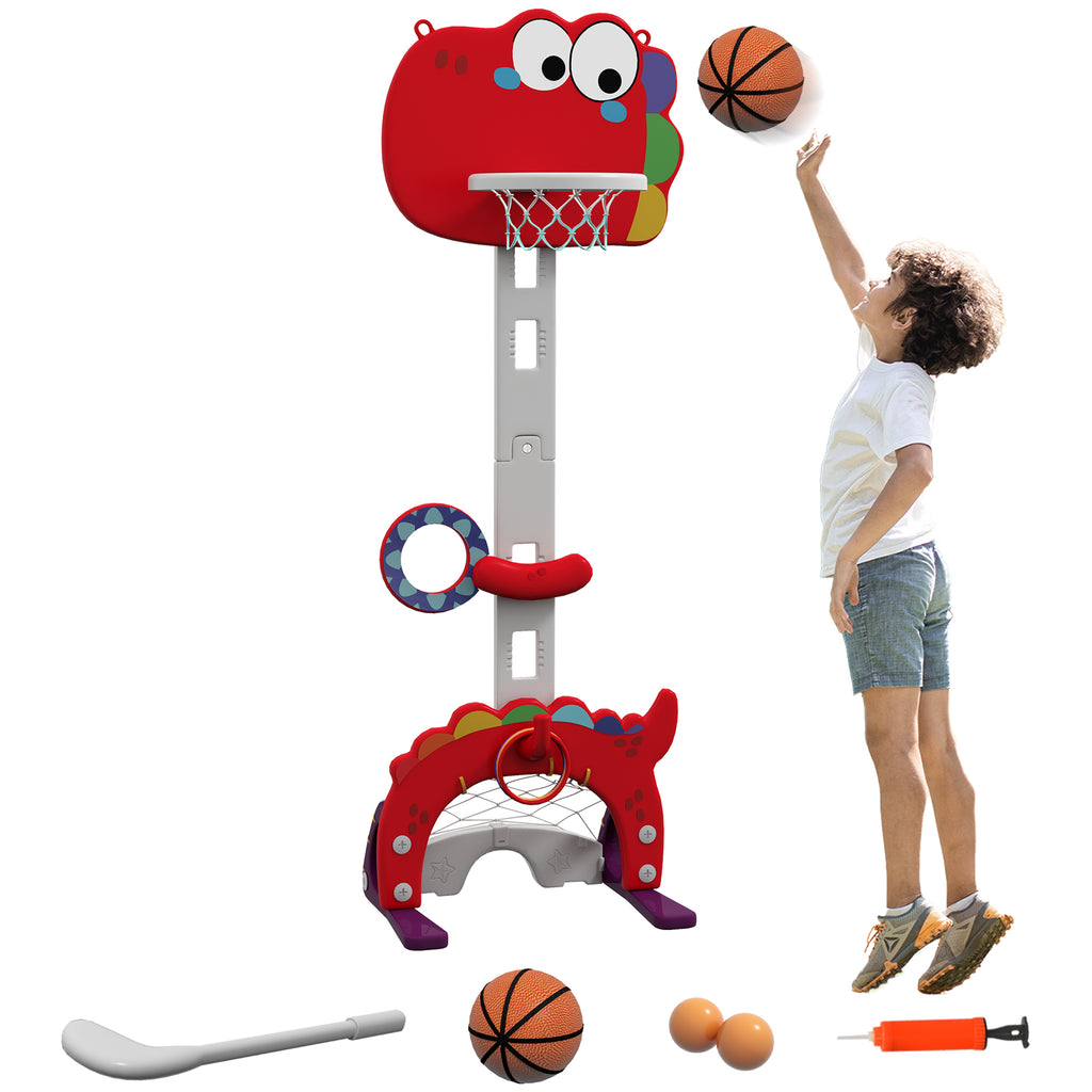 5-in-1 Kids Basketball Hoop with Adjustable Height, Soccer Goal and Golf Ball, Ages 3-6 Years, Red