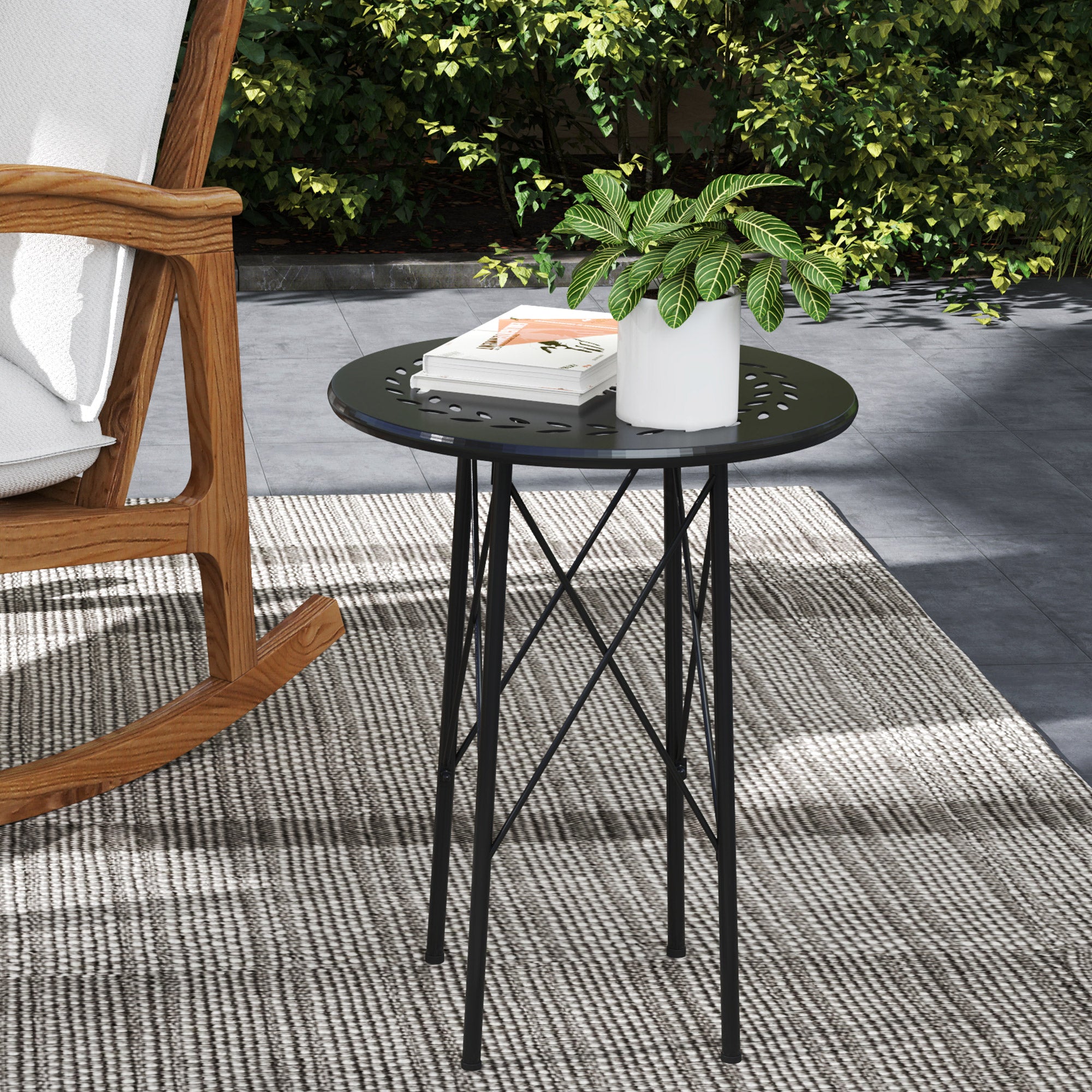Garden Coffee Table with Carvings of Flowers and Leaves, Outdoor and Indoor Table, Ø40x50 cm, Black