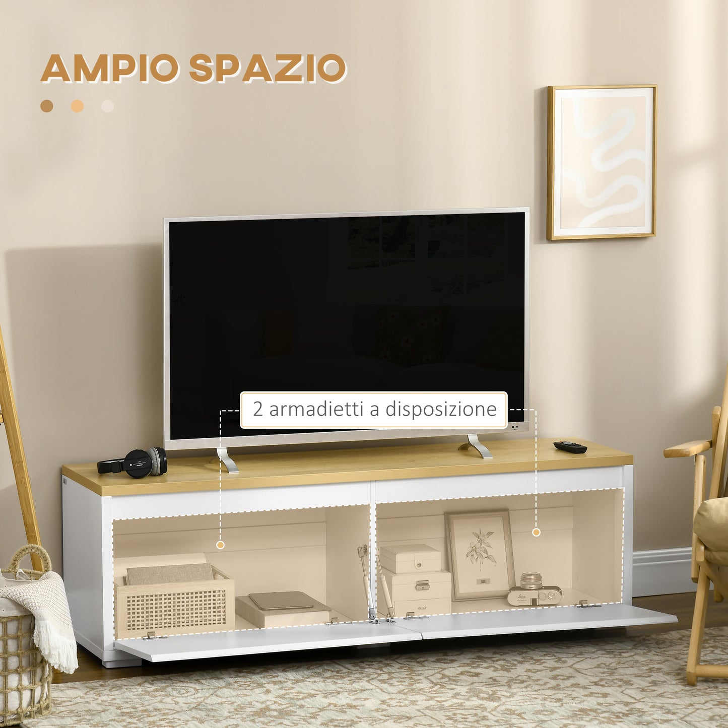 TV Stand up to 65" with Cabinets and Drop-Door in Chipboard, 140x37x45cm, White and Wood Color