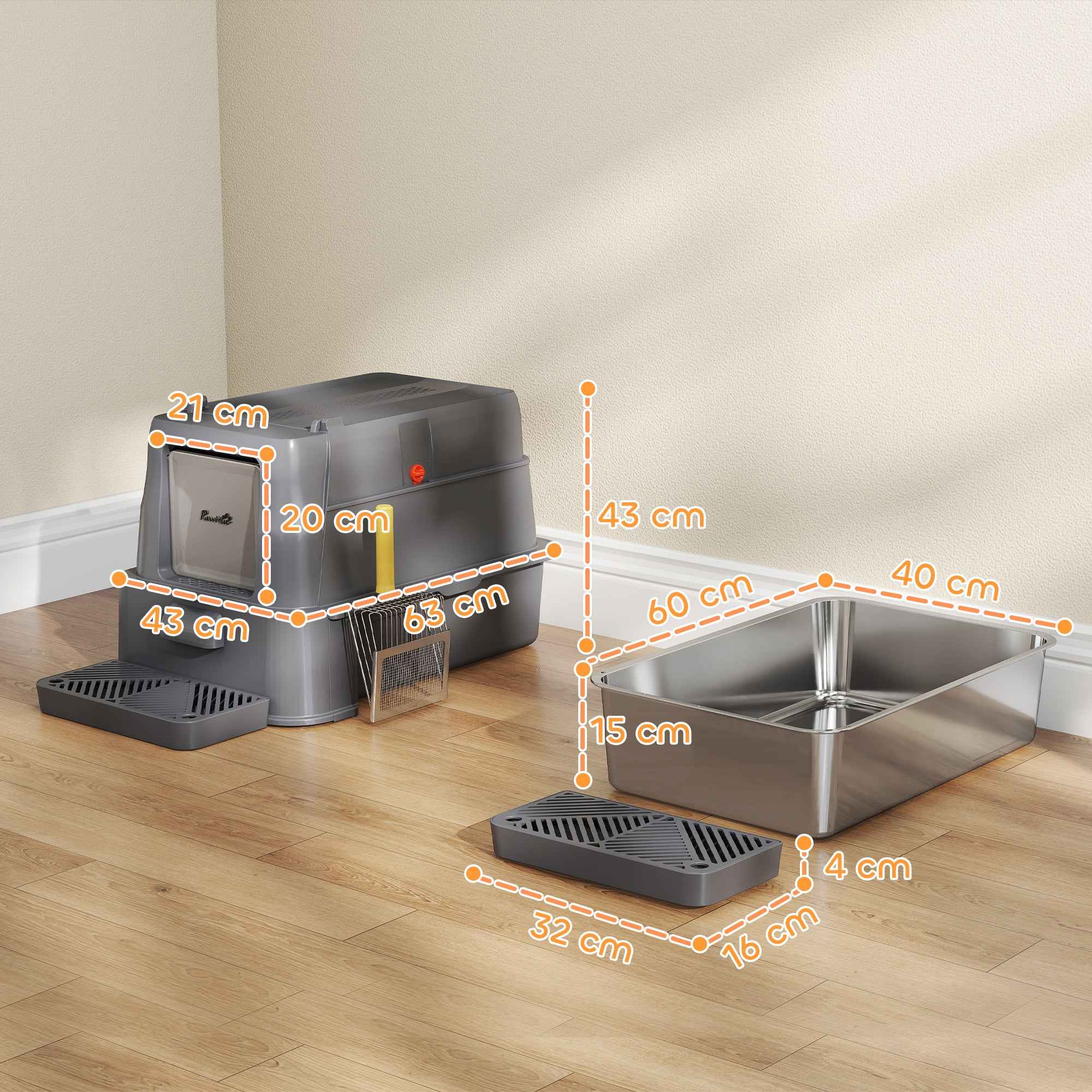 PawHut 80L Enclosed Cat Litter Box with Removable Tray, ABS and Stainless Steel, 63x43x43 cm, Dark Grey