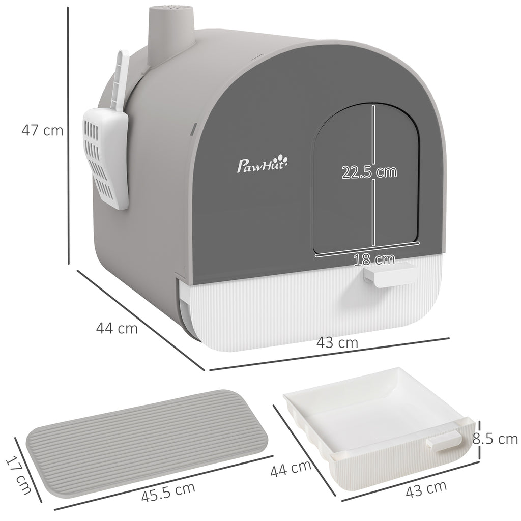 PawHut Closed Cat Litter Box with Filters, Scoop and Tray, PP Structure, 43x44x47cm, Gray - Borgè