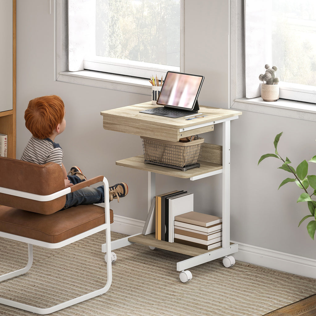 PC Desk with Sliding Drawer, 2 Shelves and 4 Wheels, in Wood and Metal, 56x51x79 cm, White and Oak