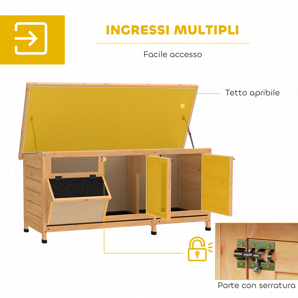 PawHut Outdoor Wooden Rabbit Hutch with Asphalt Roof, House, Trays and Feeder, 112x50x54 cm, Yellow