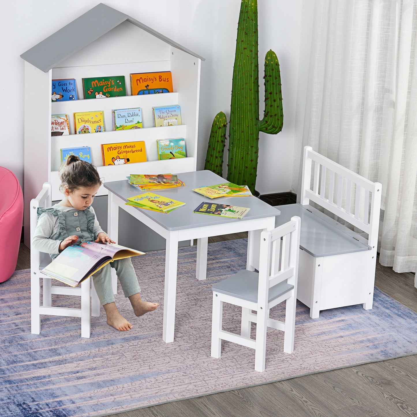 Children's Table Set with 2 Chairs and Wooden Chest for Kids' Bedroom, White and Grey