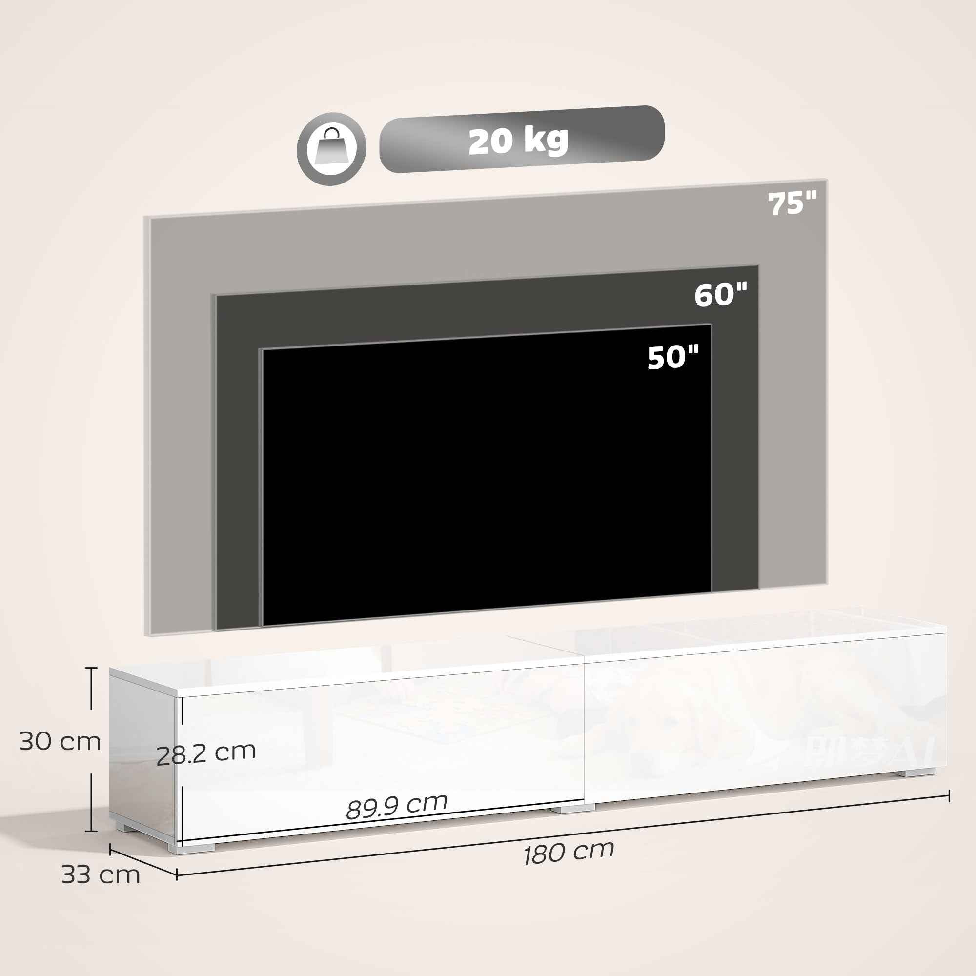 HOMCOM Wall-Mounted TV Stand for up to 75" with Pressure-Close Doors, 180x33x30 cm, Gloss White