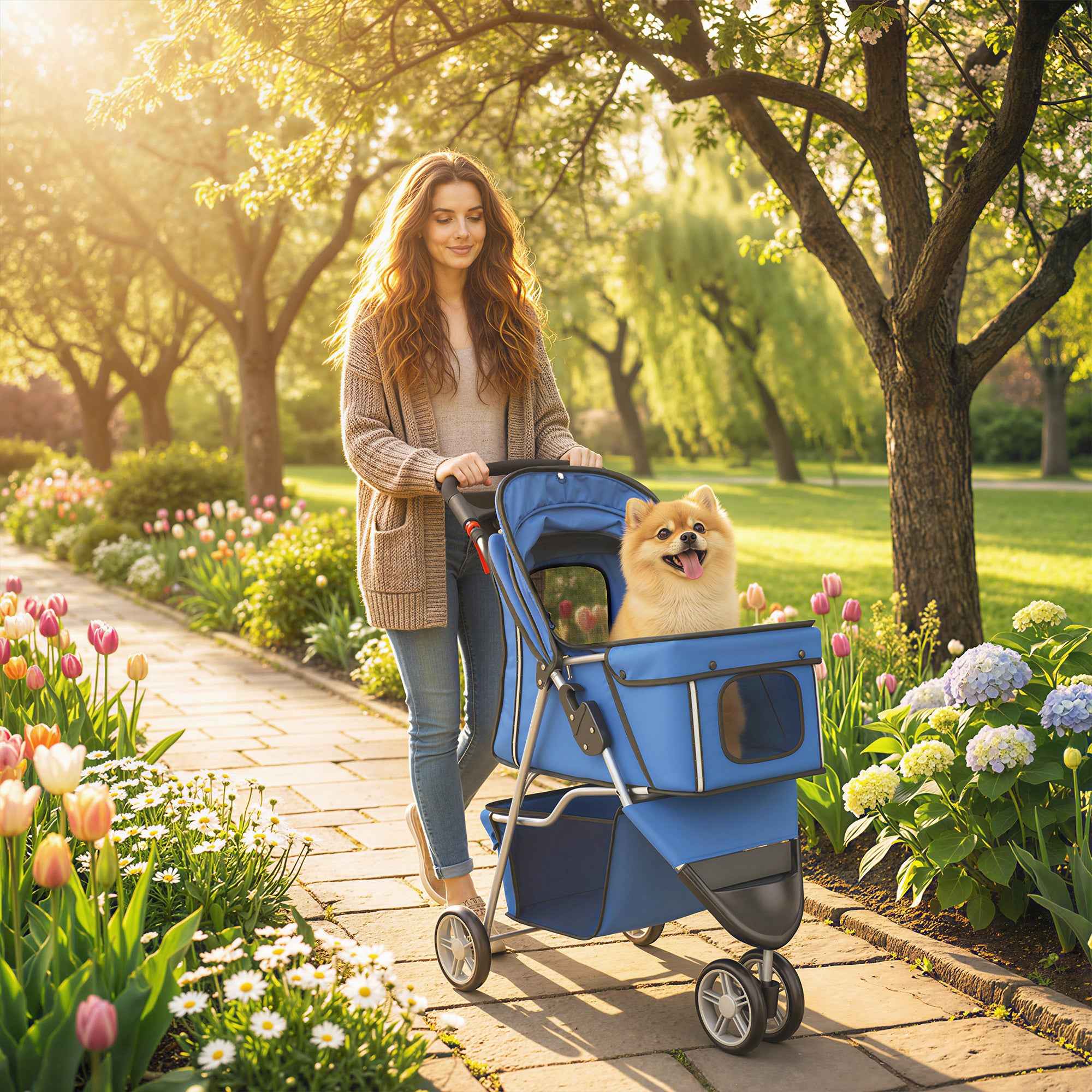 PawHut Folding Dog Stroller with Cup Holder and Basket, 77x44x102 cm, Blue