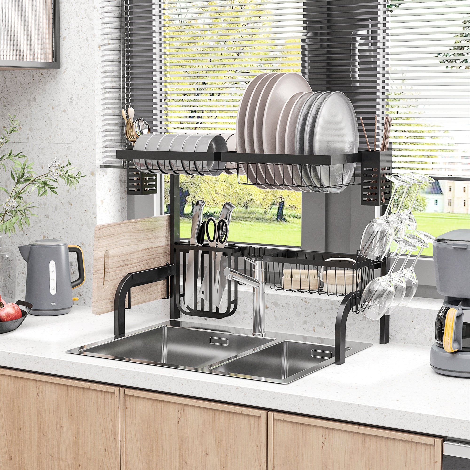 2-Tier Modular Sink Dish Drainer with Non-Slip Feet, Steel, 65x31.5x52.5 cm, Black