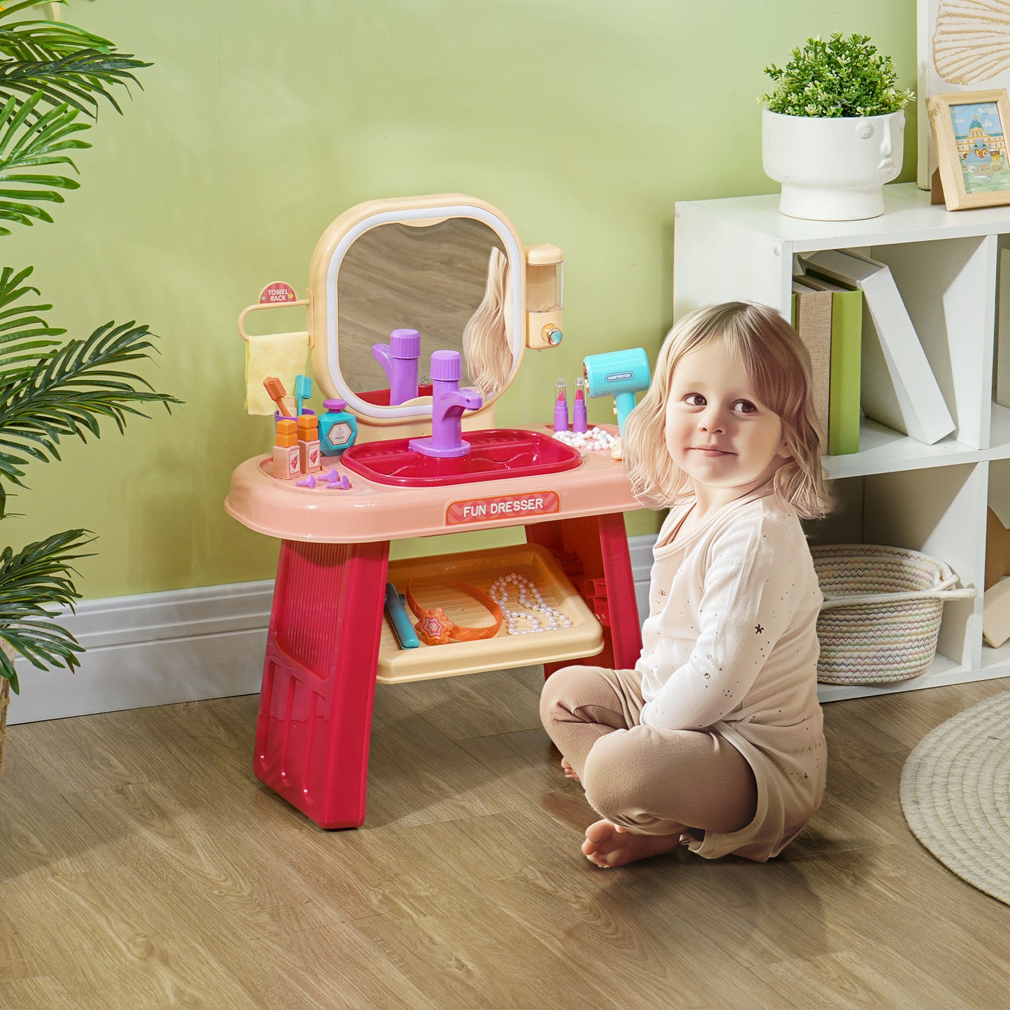 Dressing Table for Girls 3-6 Years with Acrylic Mirror and Faucet, PP and GPPS, 55x29x71 cm, Pink