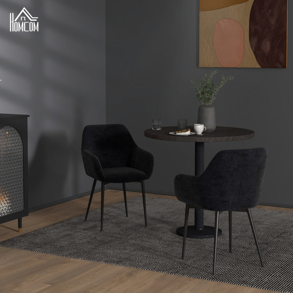 Set of 2 Modern Dining Chairs with Armrests, Padded Seat and Steel Legs, 54x57x80cm, Black